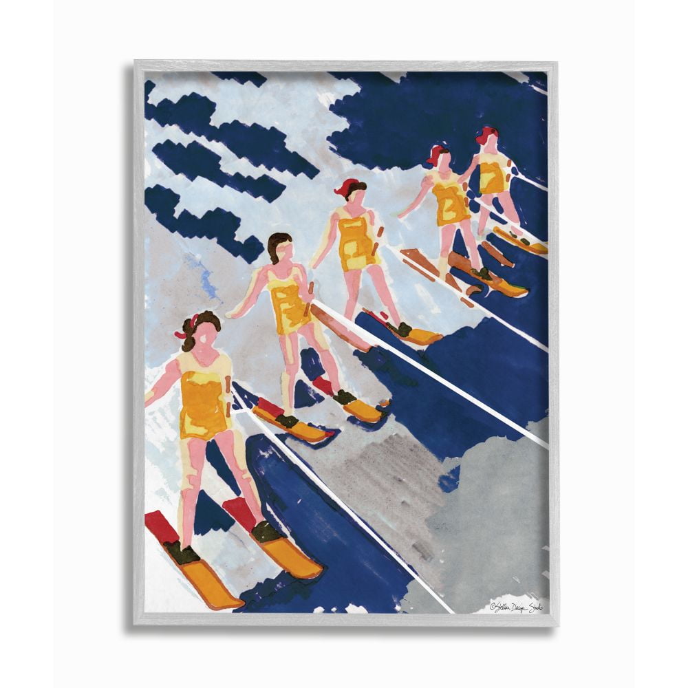Stupell Industries Retro Waterski Women Blue Yellow Watercolor Painting Framed Wall Art Design by Stellar Design Studio