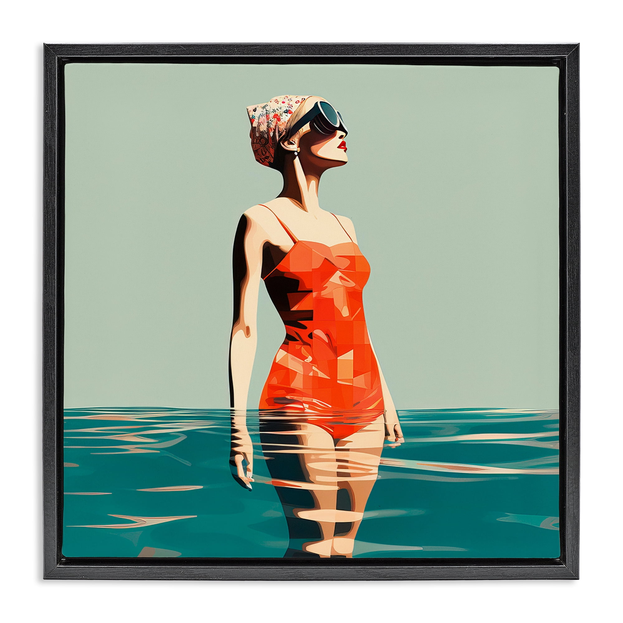 Stupell Industries Retro Woman in Swimsuit Novelty Painting Black Floater Framed Canvas Art Print Wall Art, 25 x 25