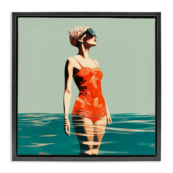 Stupell Industries Retro Woman in Swimsuit Novelty Painting Black Floater Framed Canvas Art Print Wall Art, 25 x 25