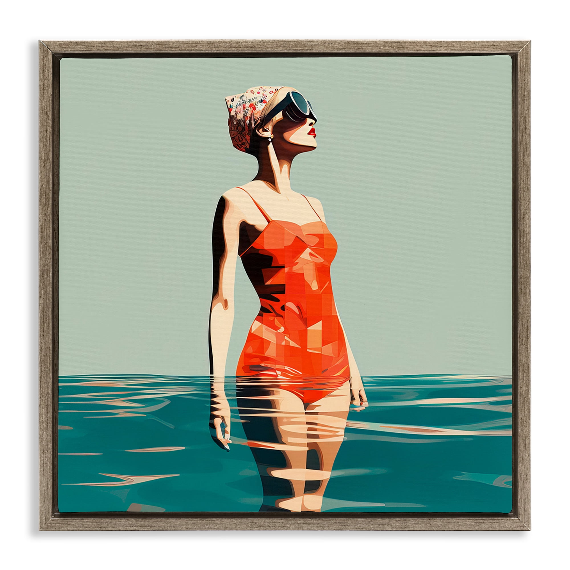 Stupell Industries Retro Woman in Swimsuit Novelty Painting Brown Floater Framed Canvas Art Print Wall Art, 25 x 25