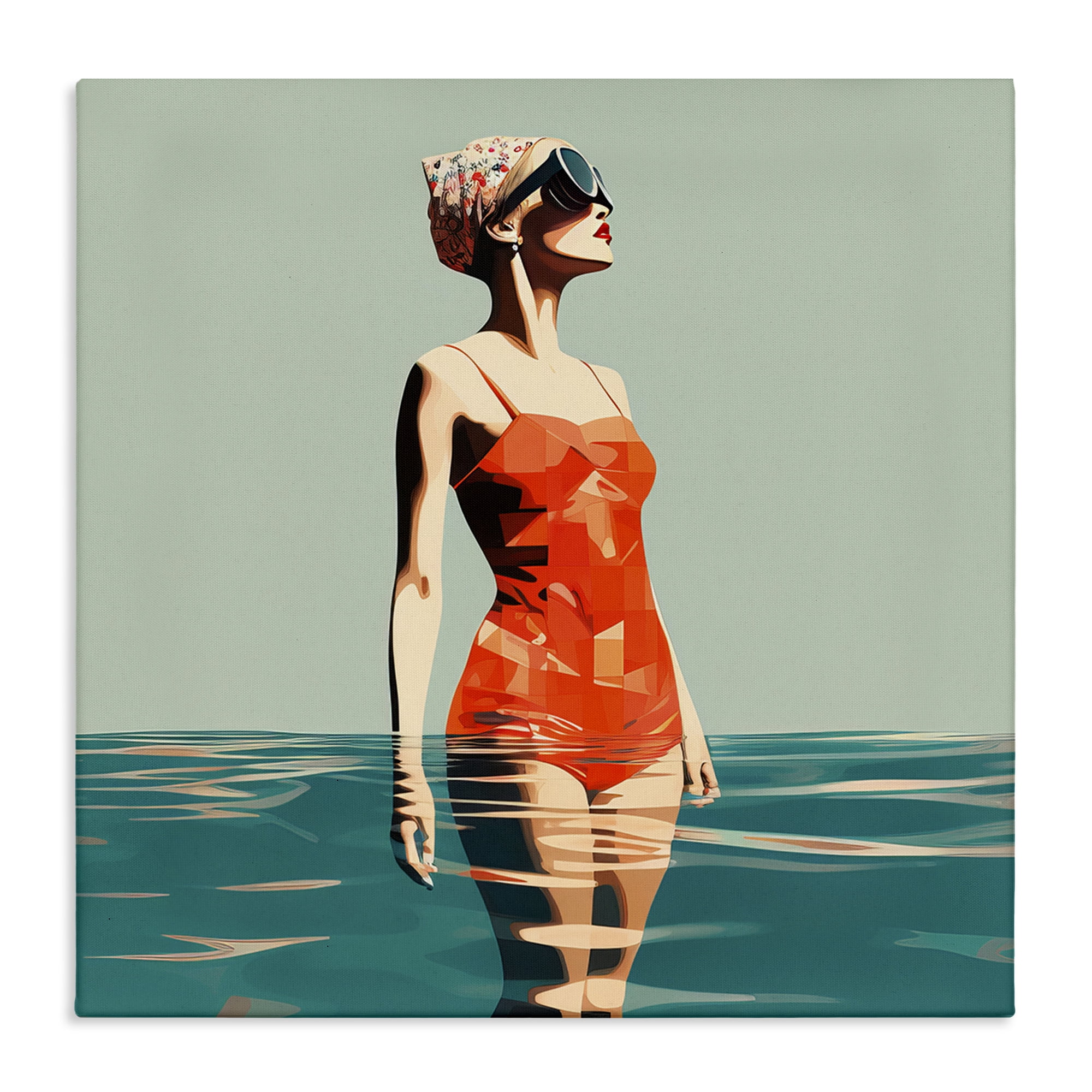 Stupell Industries Retro Woman in Swimsuit Novelty Painting Gallery Wrapped Canvas Art Print Wall Art, 24 x 24