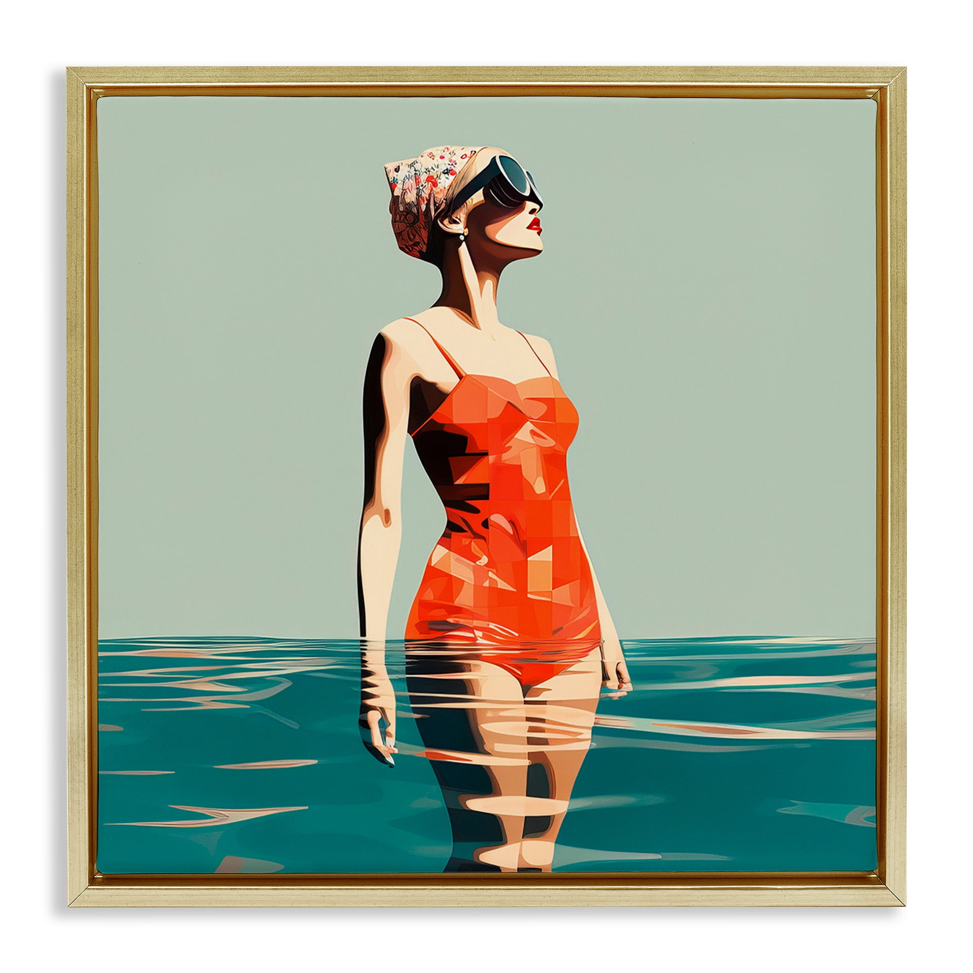 Stupell Industries Retro Woman in Swimsuit Novelty Painting Gold Floater Framed Canvas Art Print Wall Art, 25 x 25