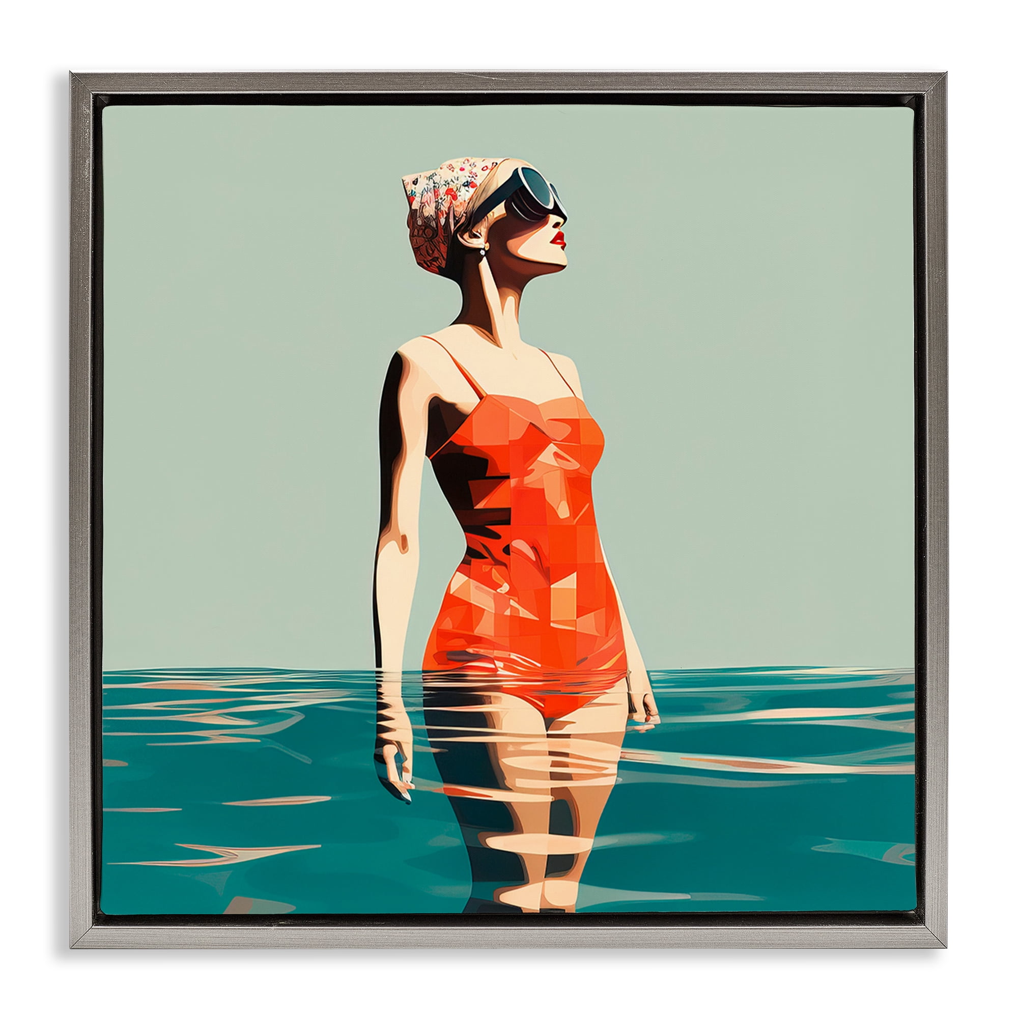 Stupell Industries Retro Woman in Swimsuit Novelty Painting Gray Floater Framed Canvas Art Print Wall Art, 18 x 18