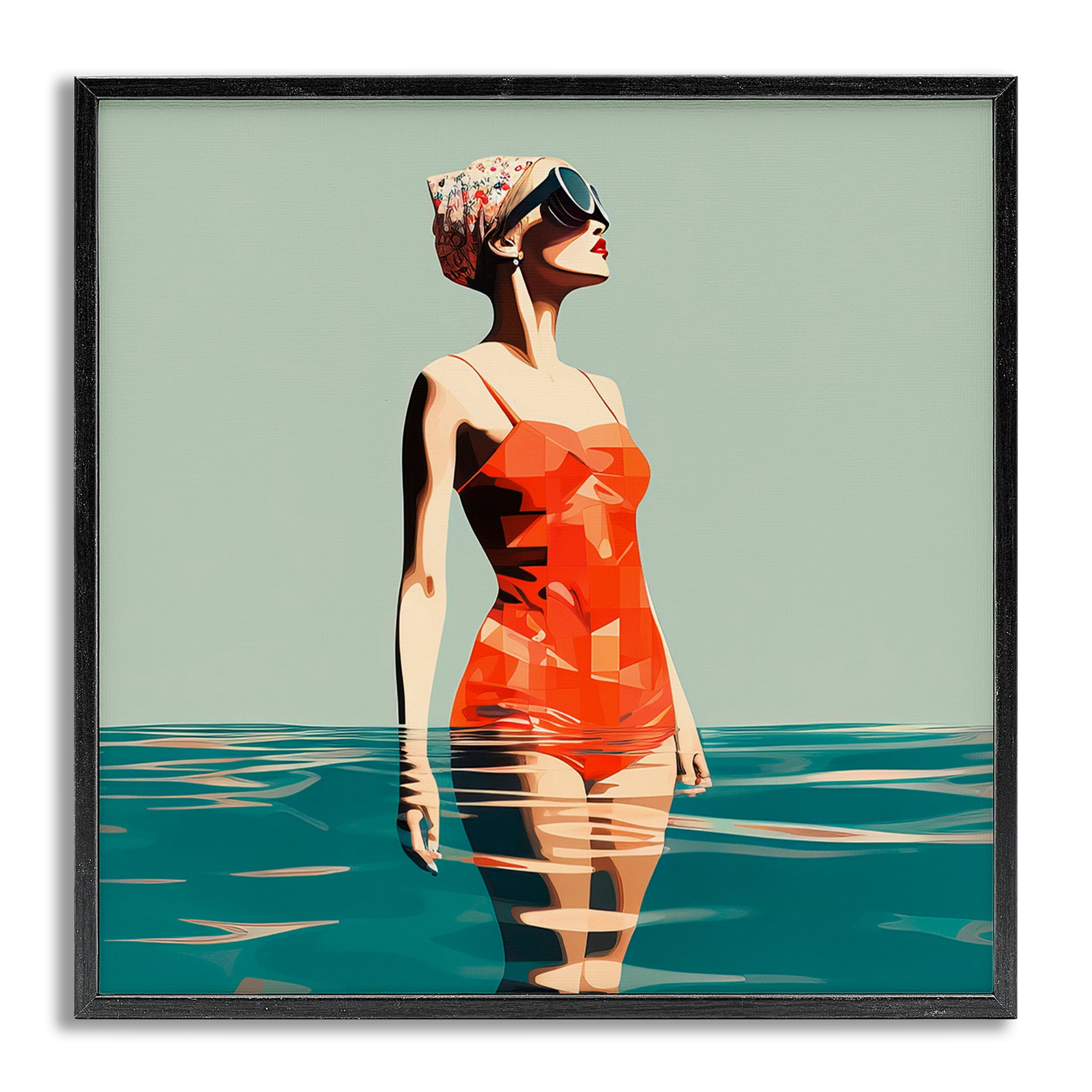 Stupell Industries Retro Woman in Swimsuit Novelty Painting Gray Framed Art Print Wall Art, 24 x 24