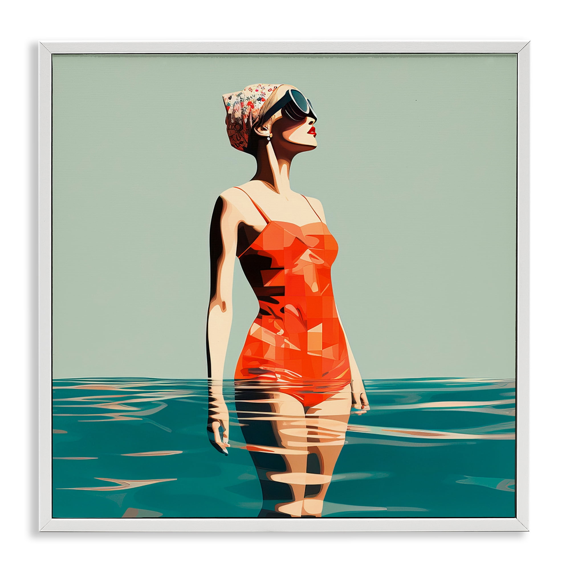 Stupell Industries Retro Woman in Swimsuit Novelty Painting White Framed Art Print Wall Art, 12 x 12