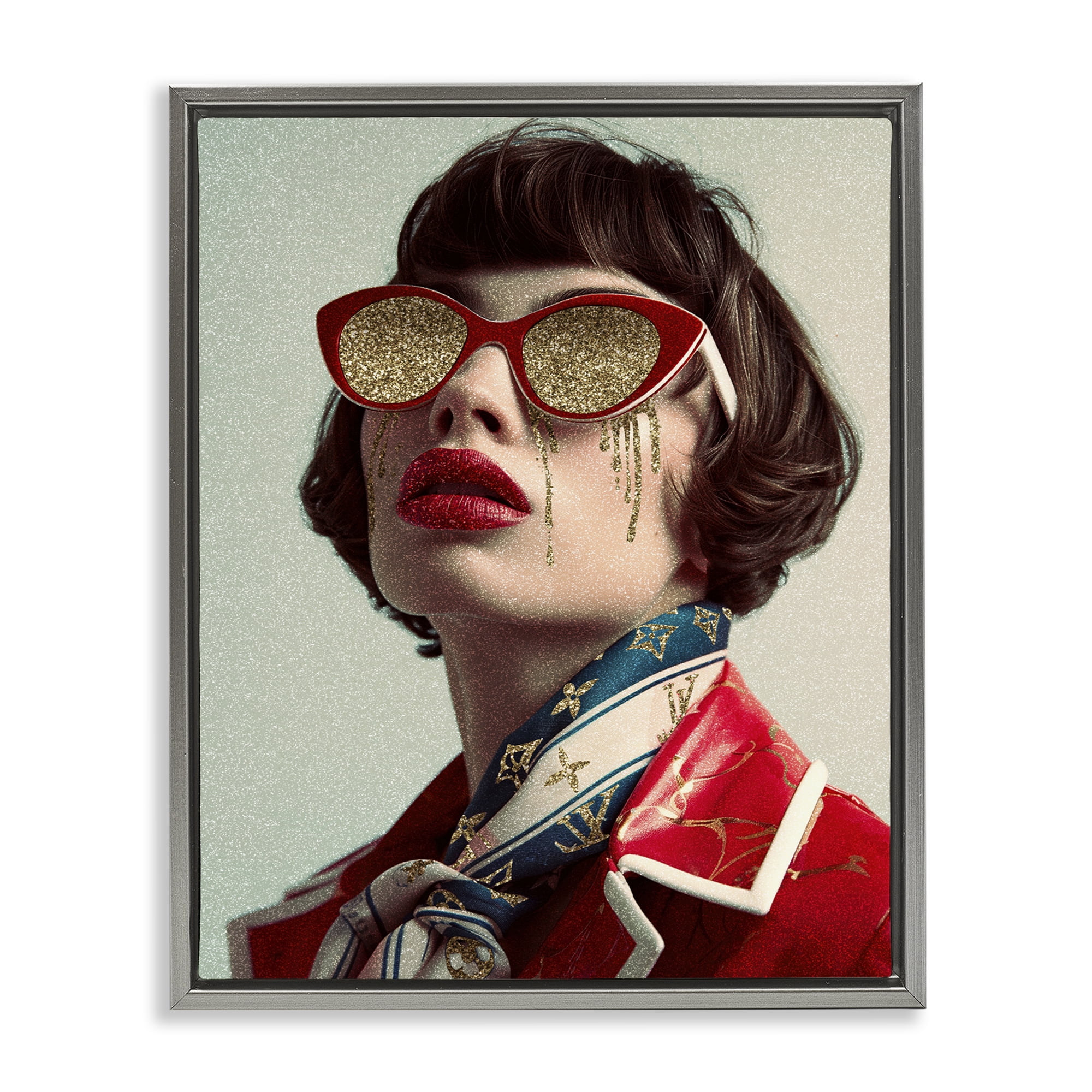 Stupell Industries Retro Woman with Glam Tears People Painting Gray Floater Framed Canvas Art Print Wall Art, 17 x 21