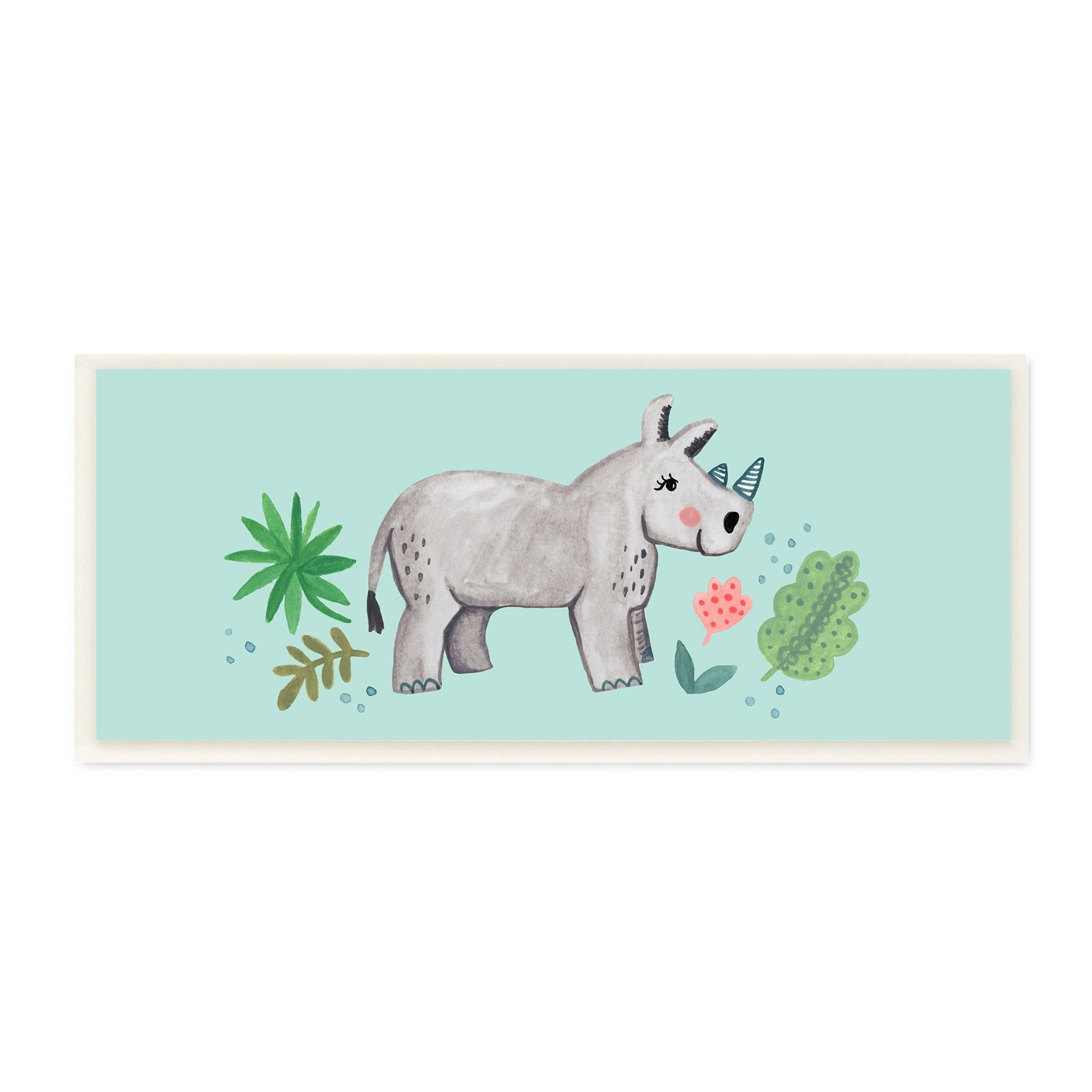 Stupell Industries Rhino Illustration Plants Leaves Turquoise Background Design, 17 x 7, Design by Heather Strianese