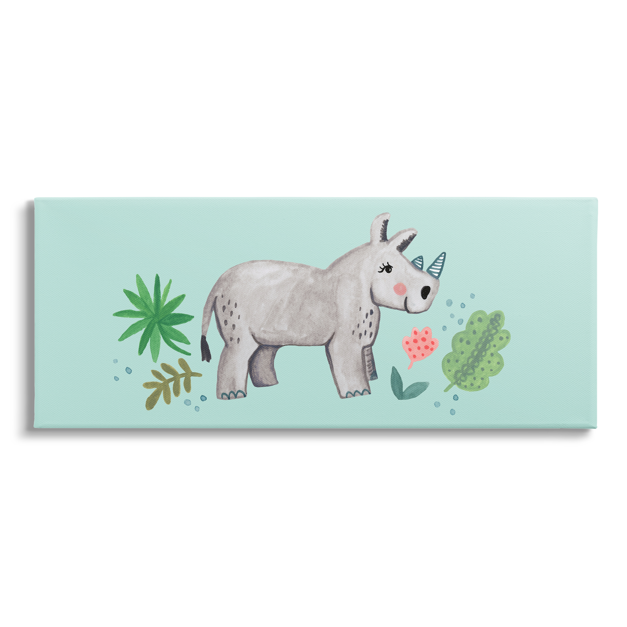 Stupell Industries Rhino Illustration Plants Leaves Turquoise Background Design, 40 x 17, Design by Heather Strianese