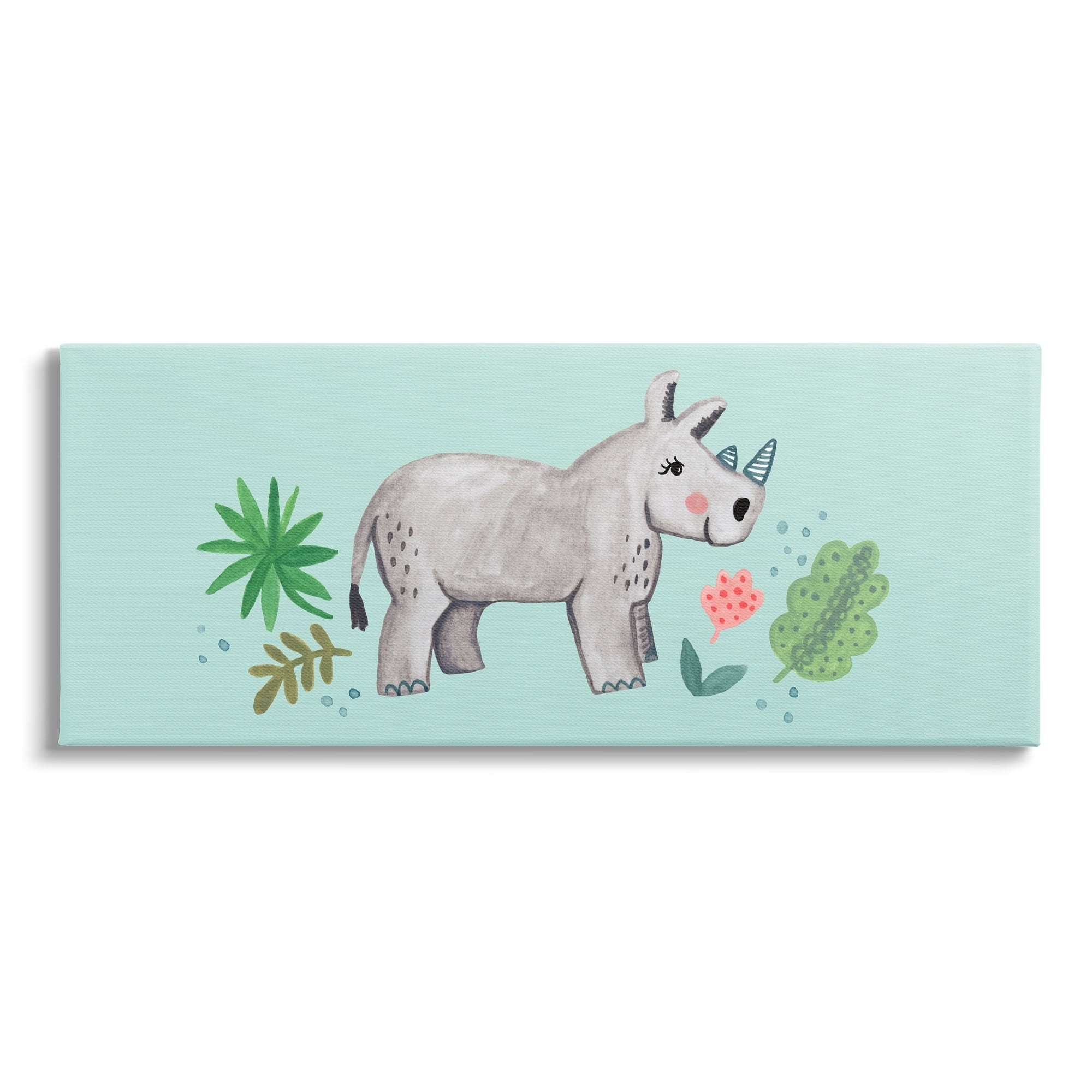 Stupell Industries Rhino Illustration Plants Leaves Turquoise Background Design, 48 x 20, Design by Heather Strianese