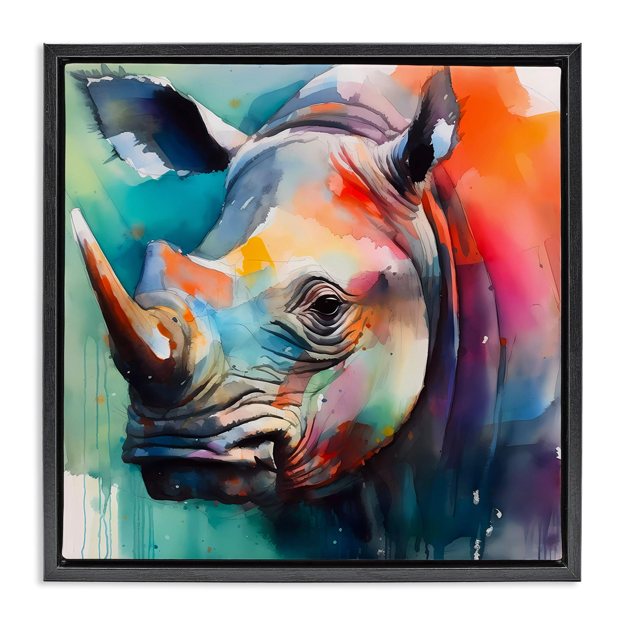 Stupell Industries Rhino with Modern Hues Animals & Insects Painting Black Floater Framed Canvas Art Print Wall Art, 25 x 25