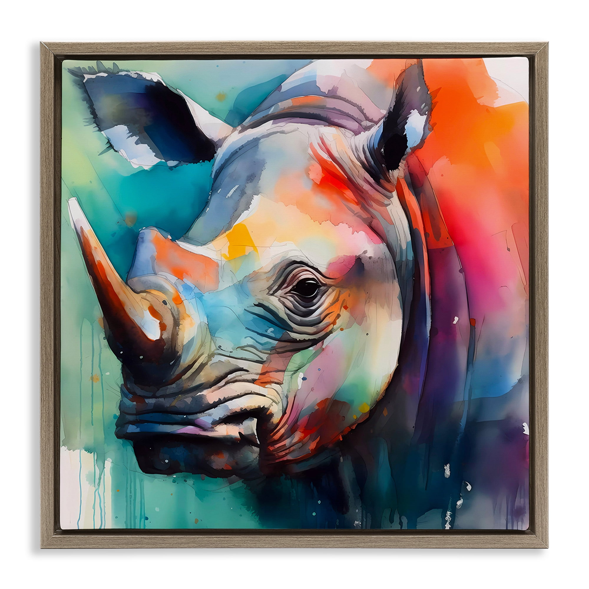 Stupell Industries Rhino with Modern Hues Animals & Insects Painting Brown Floater Framed Canvas Art Print Wall Art, 18 x 18