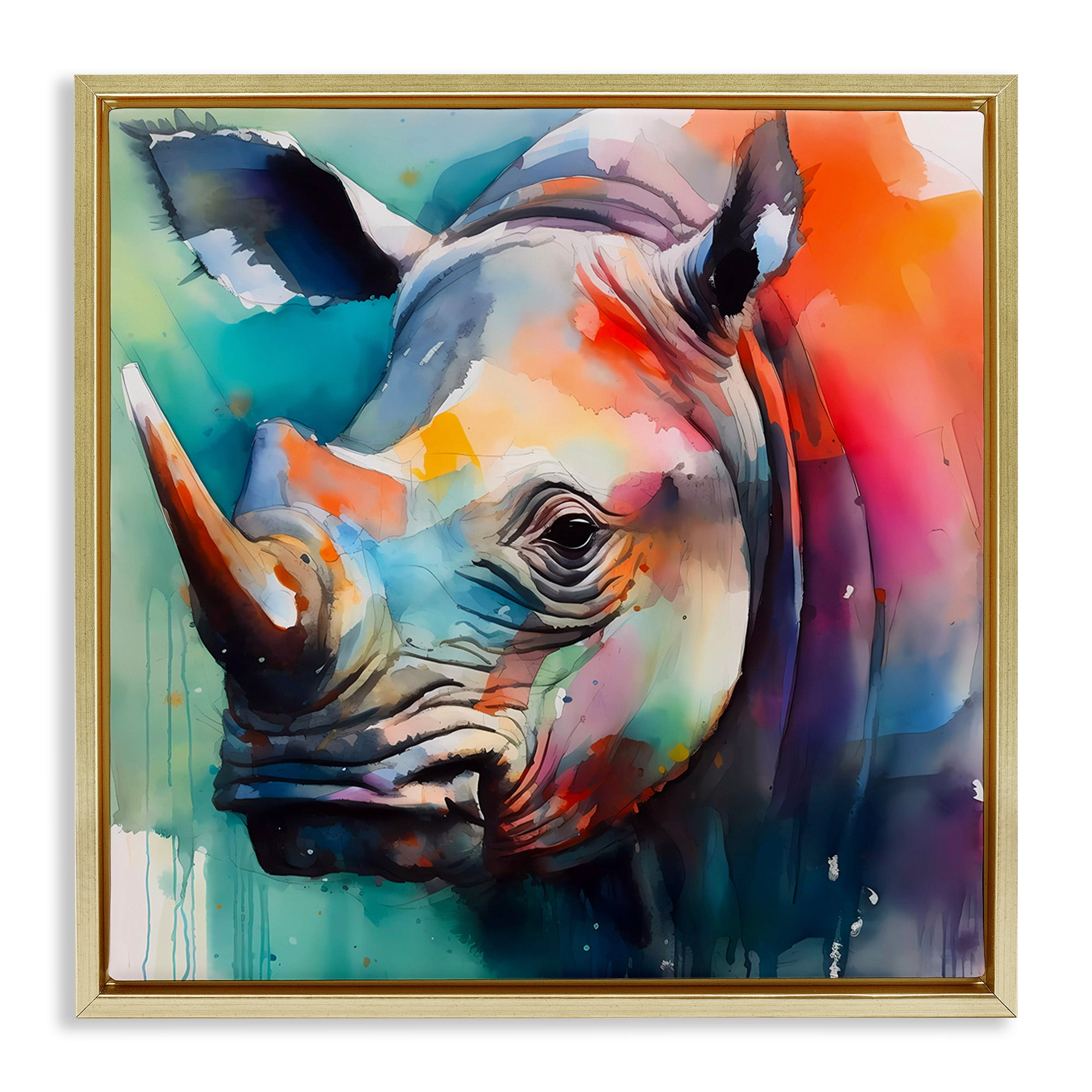 Stupell Industries Rhino with Modern Hues Animals & Insects Painting Gold Floater Framed Canvas Art Print Wall Art, 18 x 18