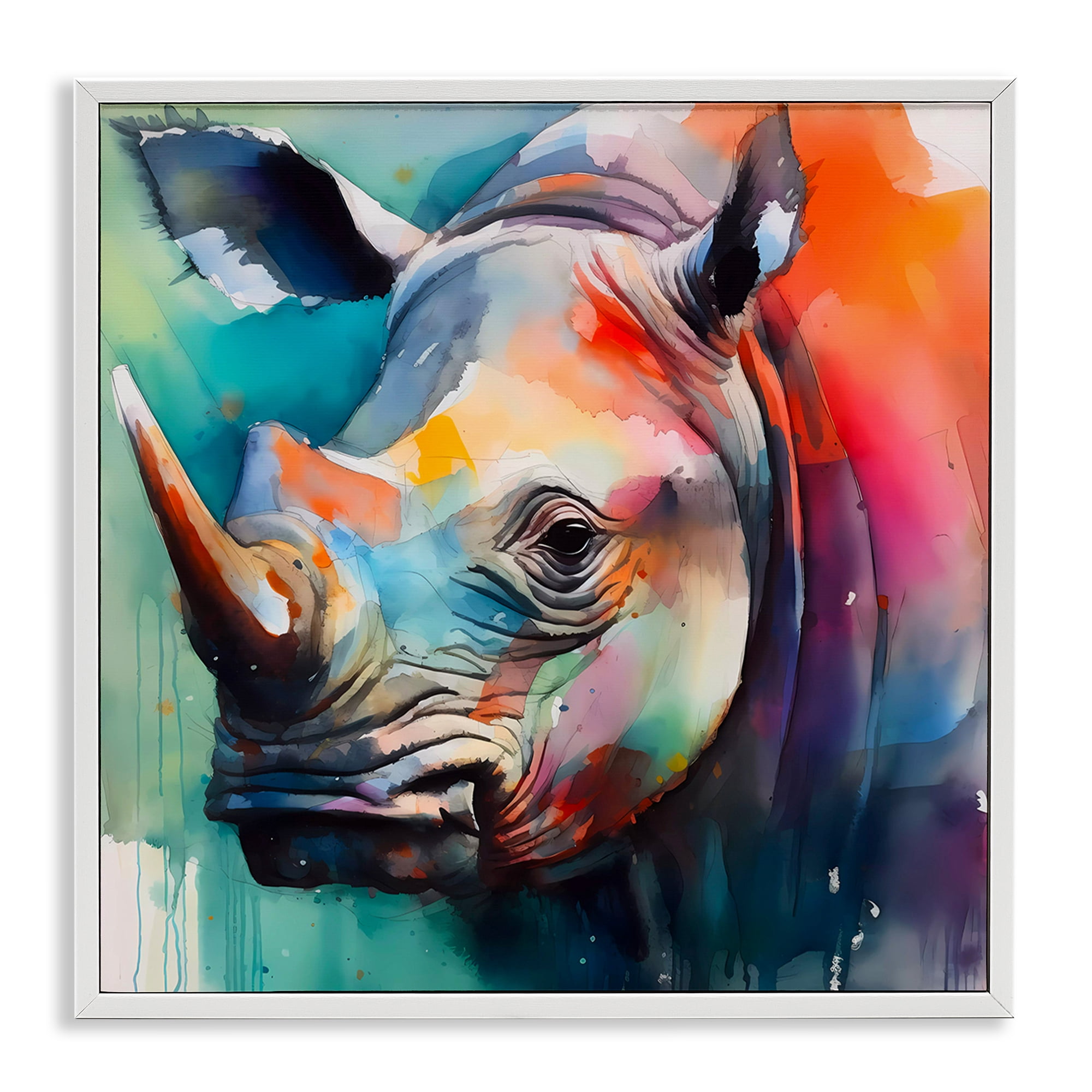 Stupell Industries Rhino with Modern Hues Animals & Insects Painting White Framed Art Print Wall Art, 17 x 17
