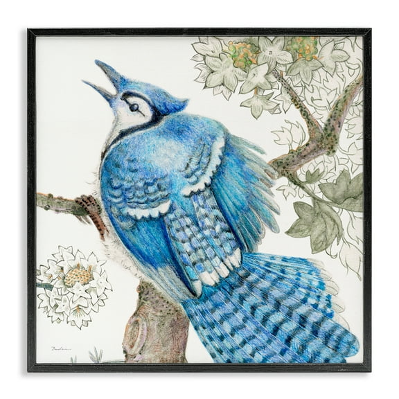 Stupell Industries Rhododendron & Blue Jay Animals Painting Black Framed Art Print Wall Art, 12 x 12