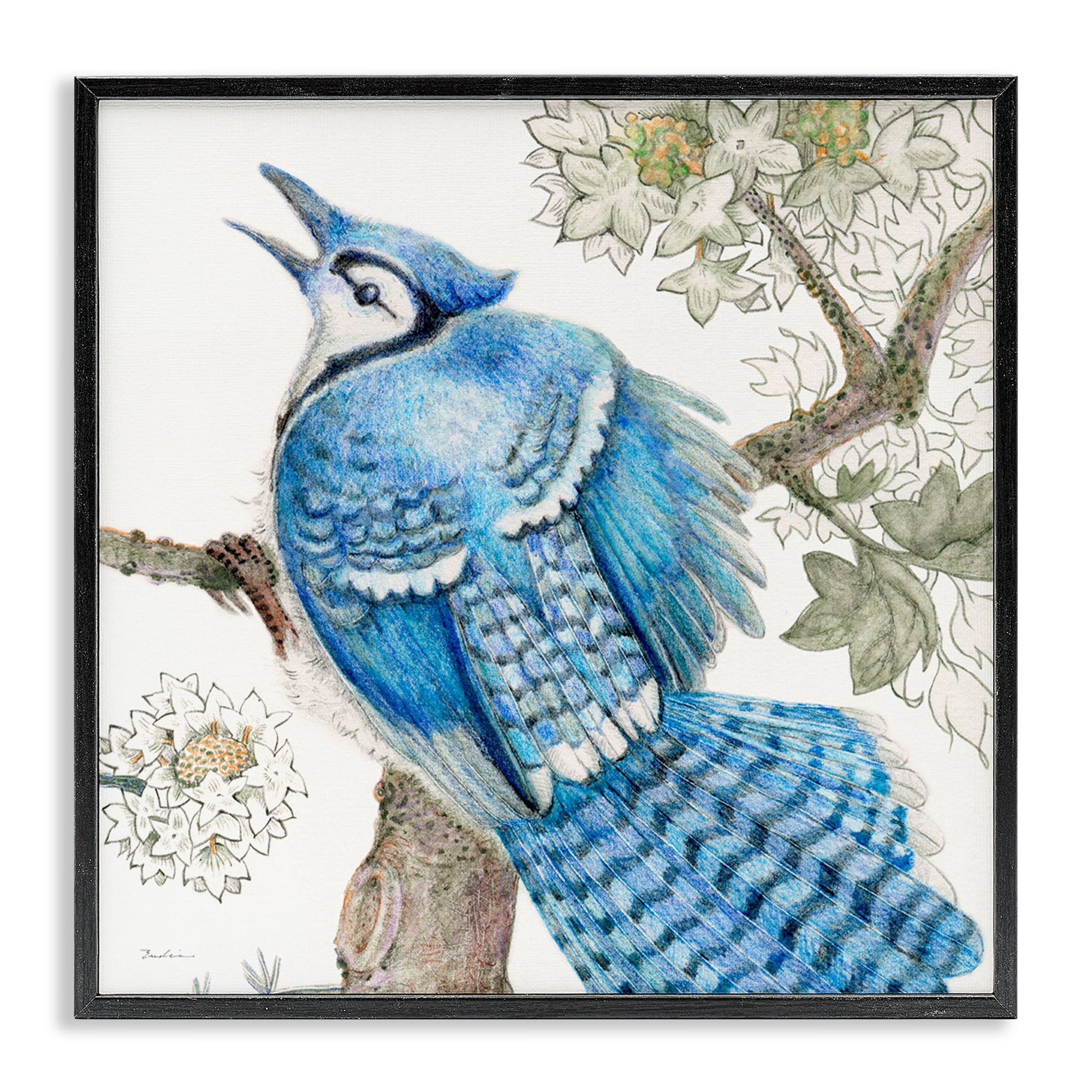 Stupell Industries Rhododendron & Blue Jay Animals Painting Black Framed Art Print Wall Art, 24 x 24