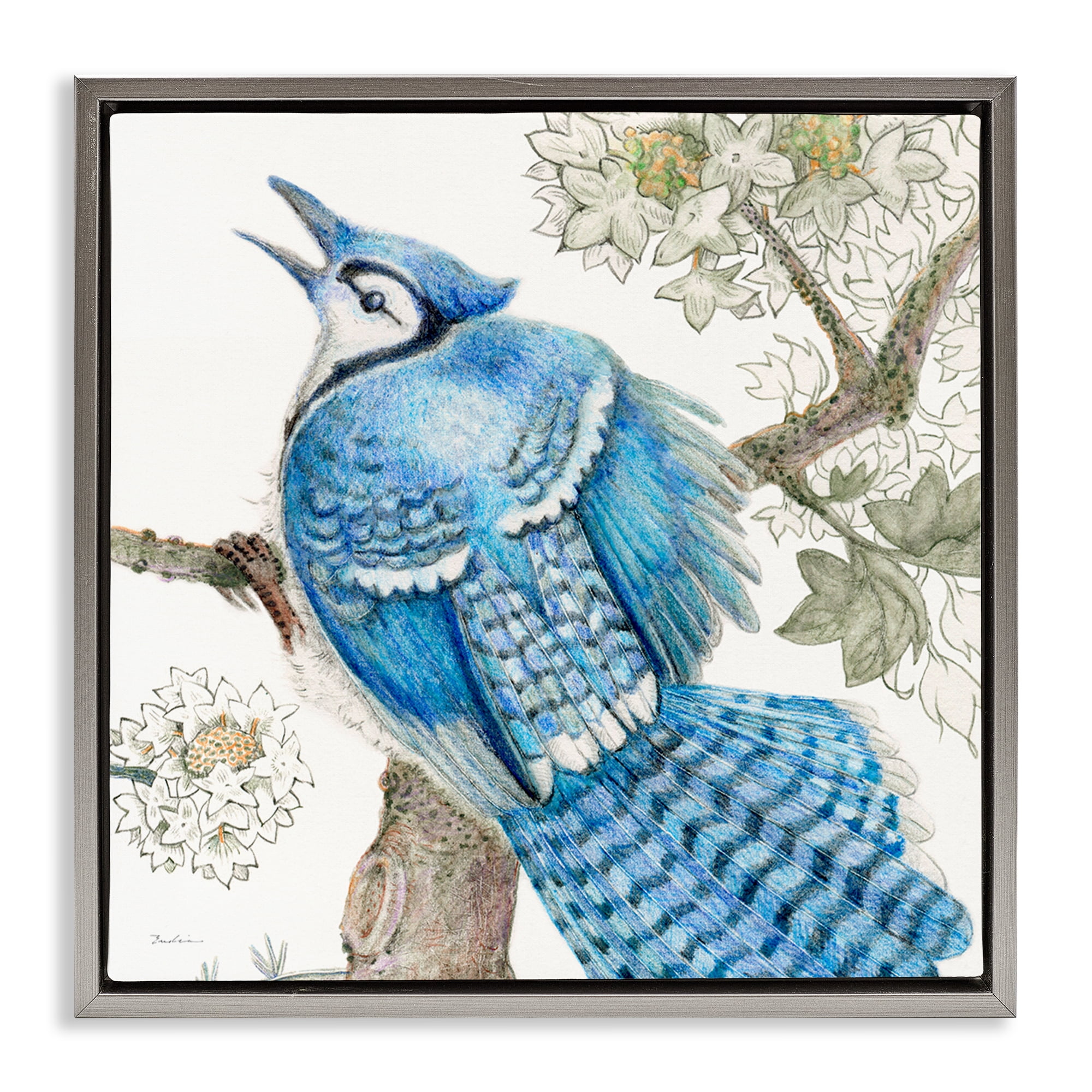 Stupell Industries Rhododendron & Blue Jay Animals Painting Gray Floater Framed Canvas Art Print Wall Art, 18 x 18