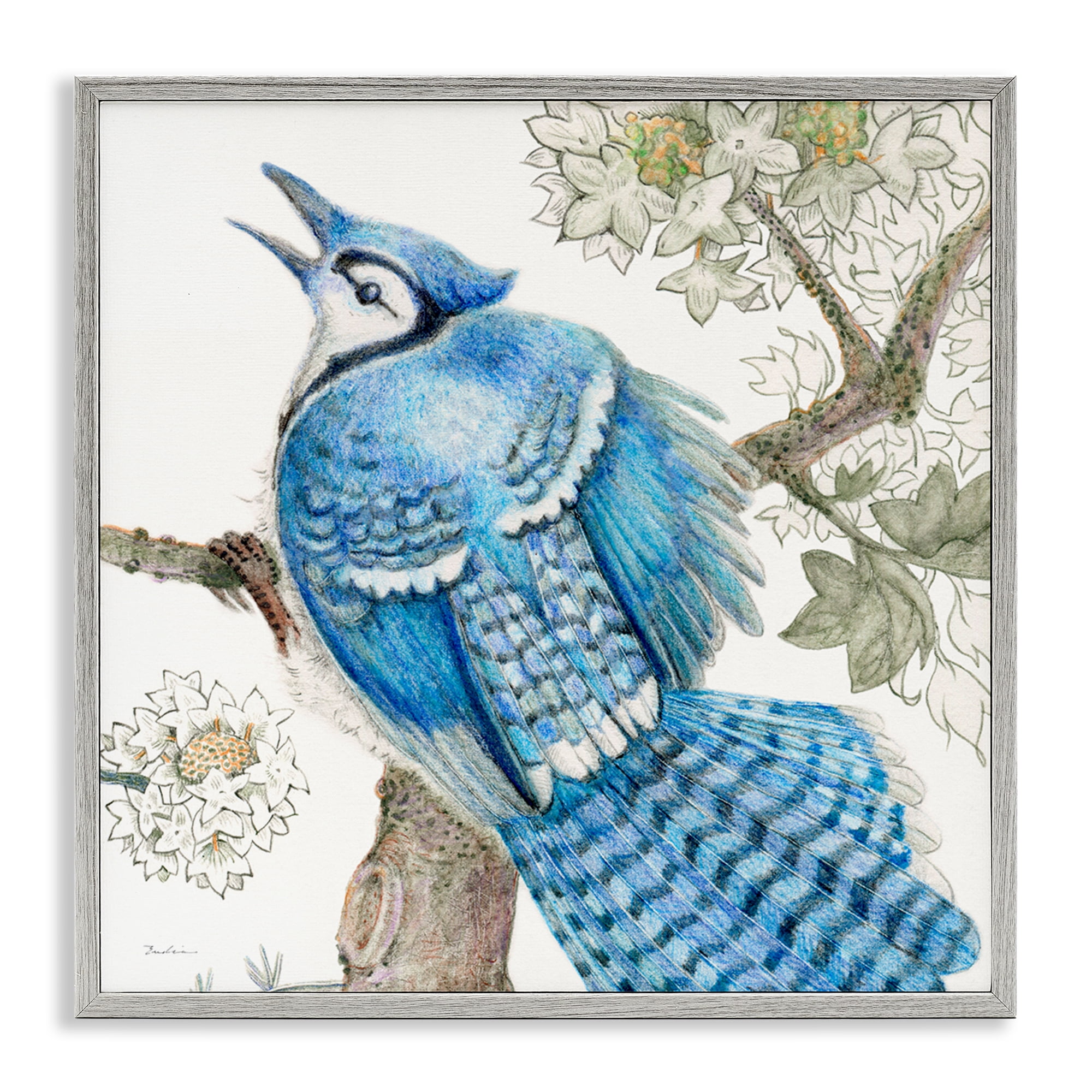Stupell Industries Rhododendron & Blue Jay Animals Painting Gray Framed Art Print Wall Art, 24 x 24