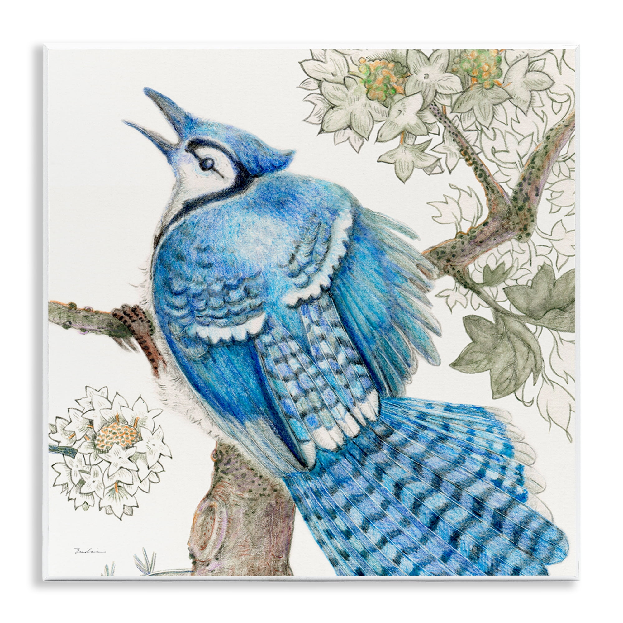Stupell Industries Rhododendron & Blue Jay Animals Painting Unframed Art Print Wall Art, 12 x 12
