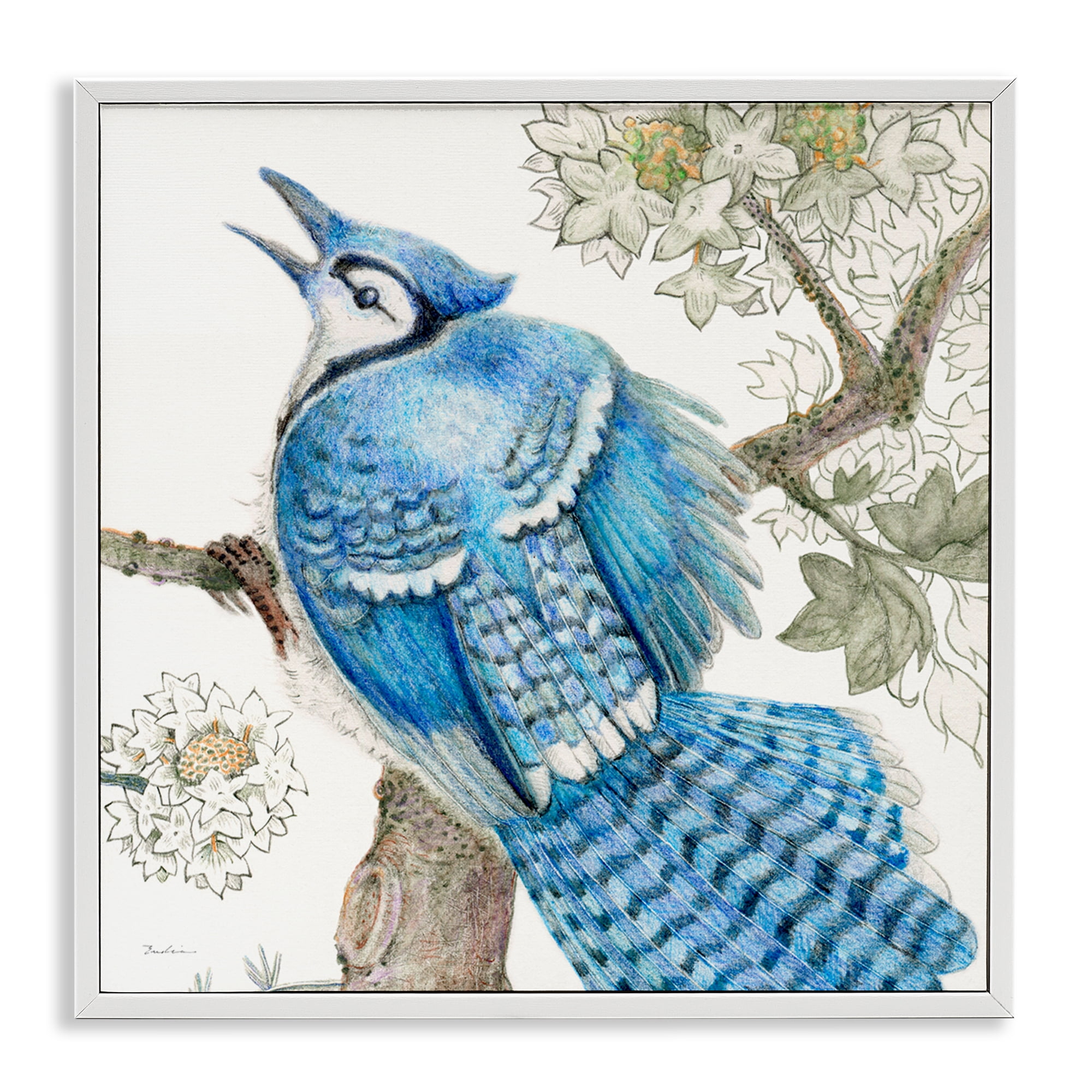Stupell Industries Rhododendron & Blue Jay Animals Painting White Framed Art Print Wall Art, 17 x 17