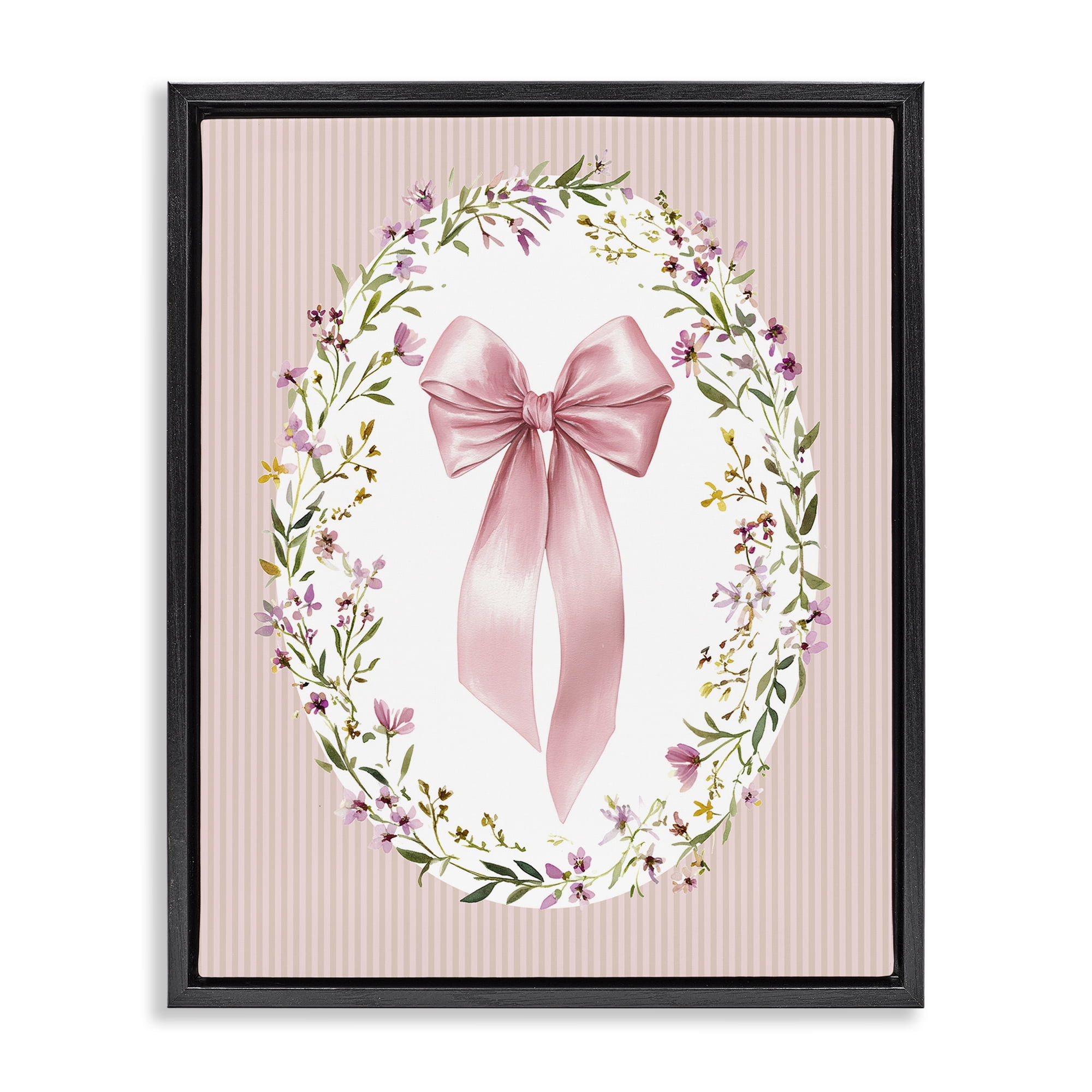 Stupell Industries Ribbon with Oval Florals Black Framed Floater Canvas Wall Art, design by Christine Simpson Art