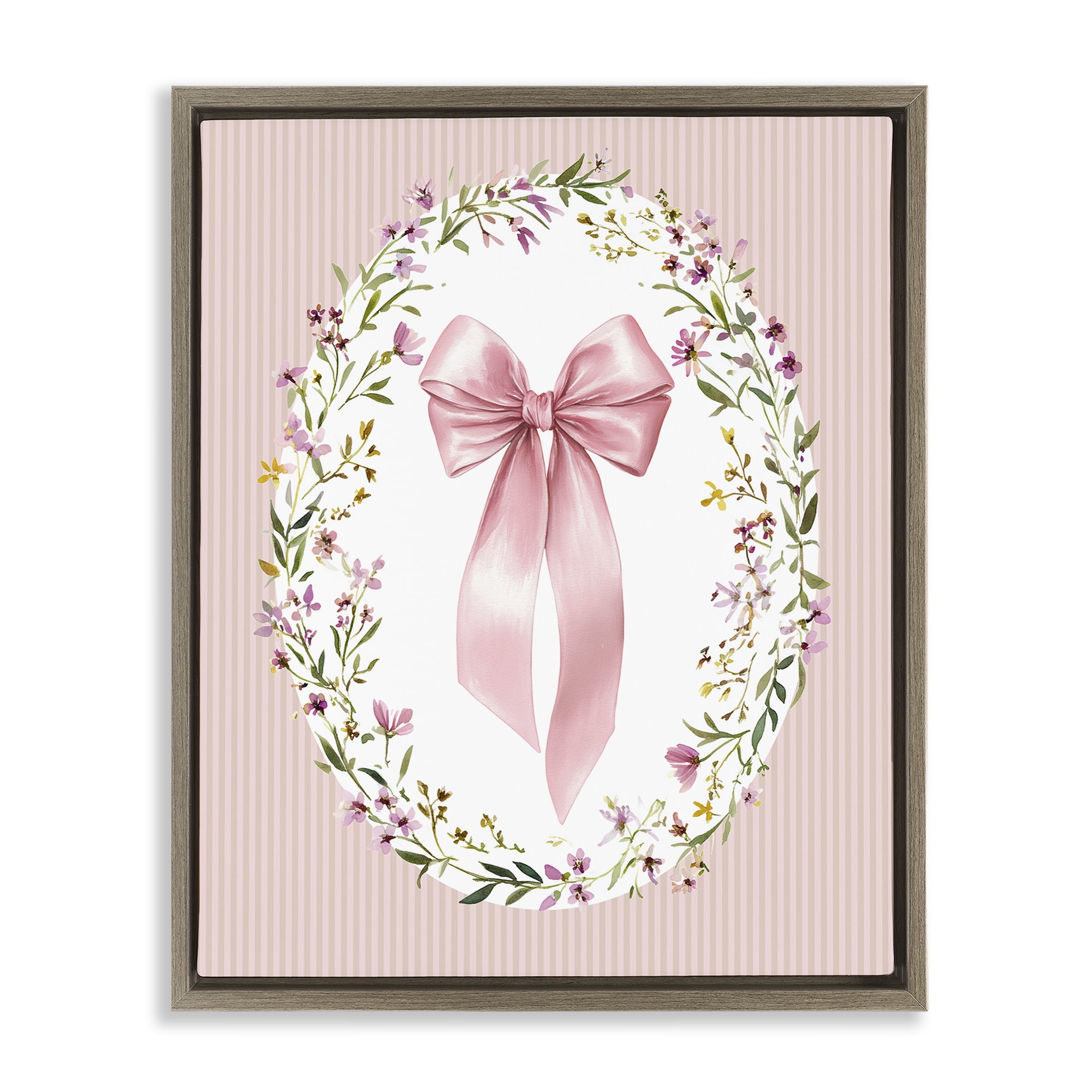Stupell Industries Ribbon with Oval Florals Brown Framed Floater Canvas Wall Art, design by Christine Simpson Art