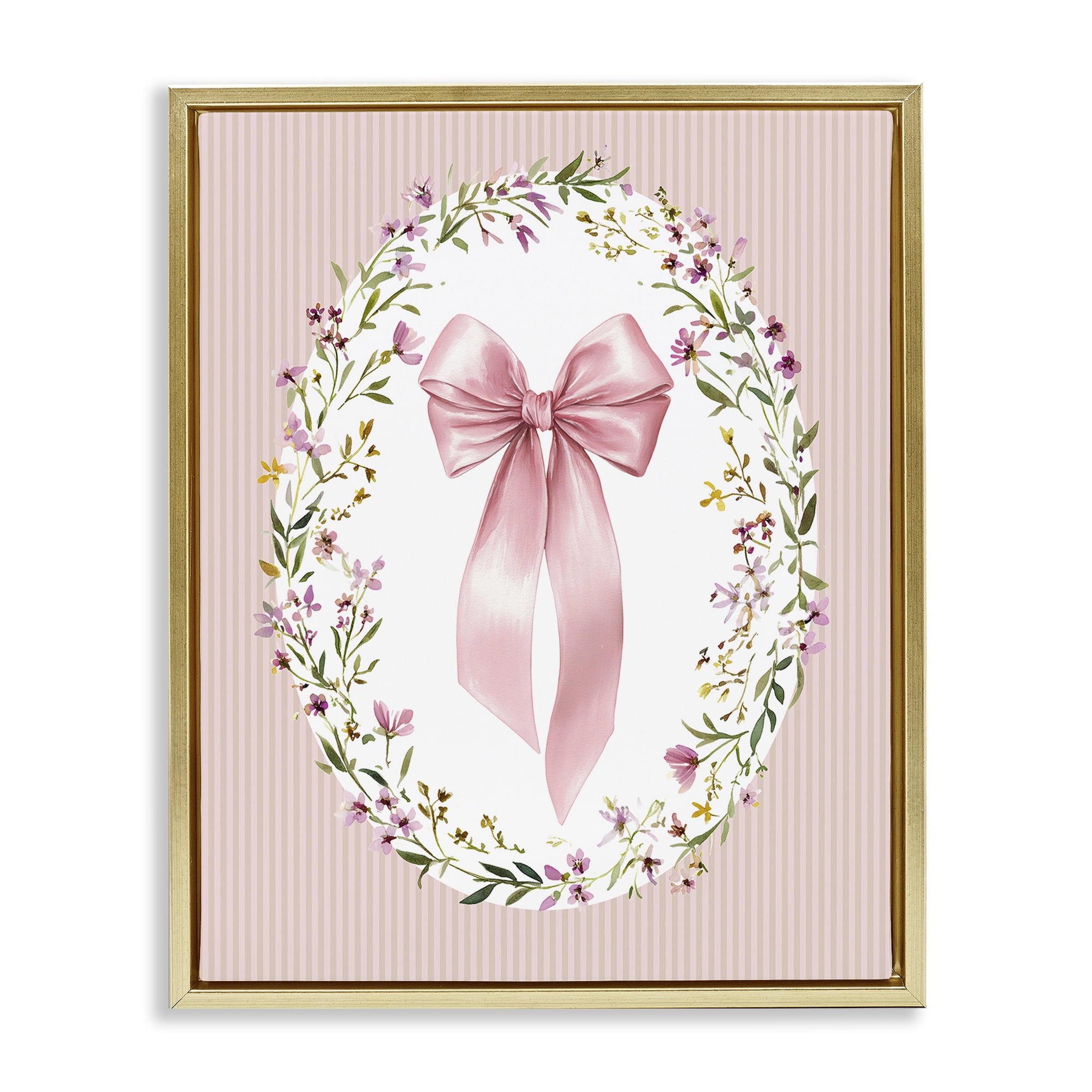 Stupell Industries Ribbon with Oval Florals Gold Framed Floater Canvas Wall Art, design by Christine Simpson Art