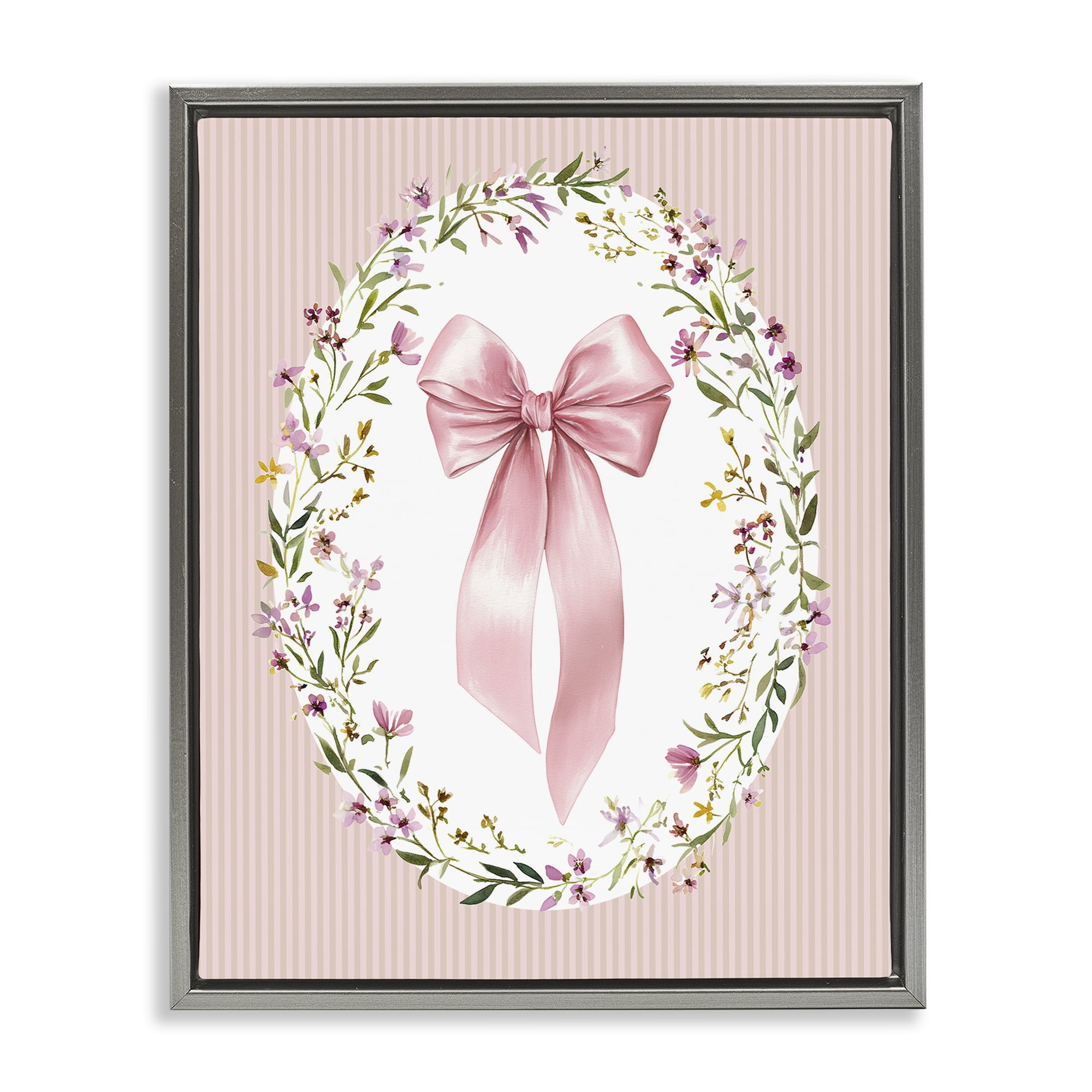 Stupell Industries Ribbon with Oval Florals Gray Framed Floater Canvas Wall Art, design by Christine Simpson Art