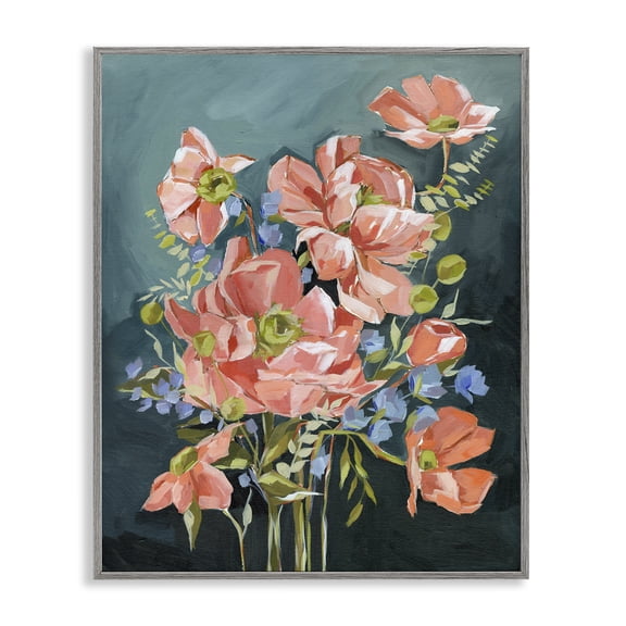 Stupell Industries Rich Pink Flowers on Blue Gray Framed Giclee Art design by Annie Quigley, 20 x 16
