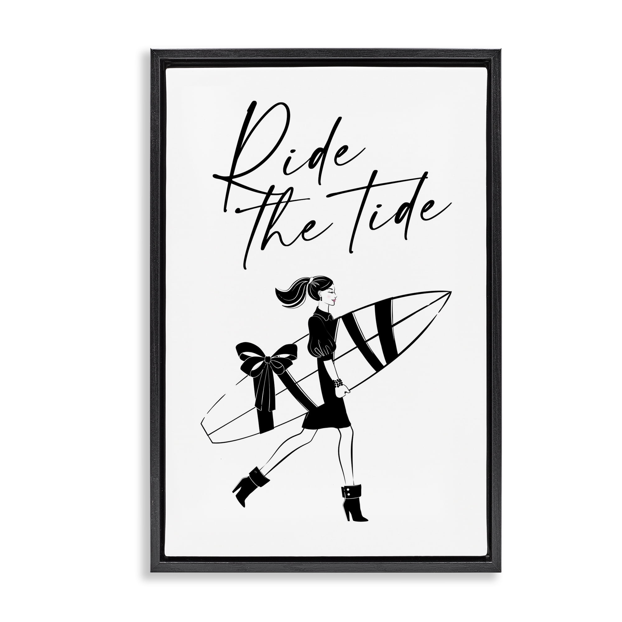 Stupell Industries Ride The Tide Surfer Novelty Painting Black Floater Framed Art Print Wall Art, 21 x 31