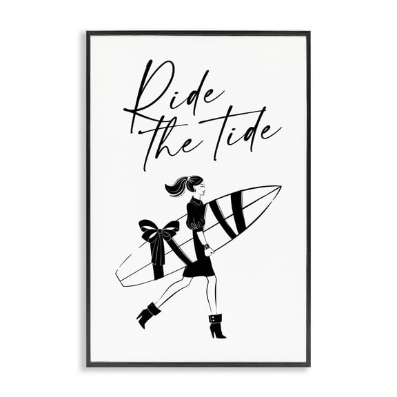 Stupell Industries Ride The Tide Surfer Novelty Painting Black Framed Art Print Wall Art, 12 x 18