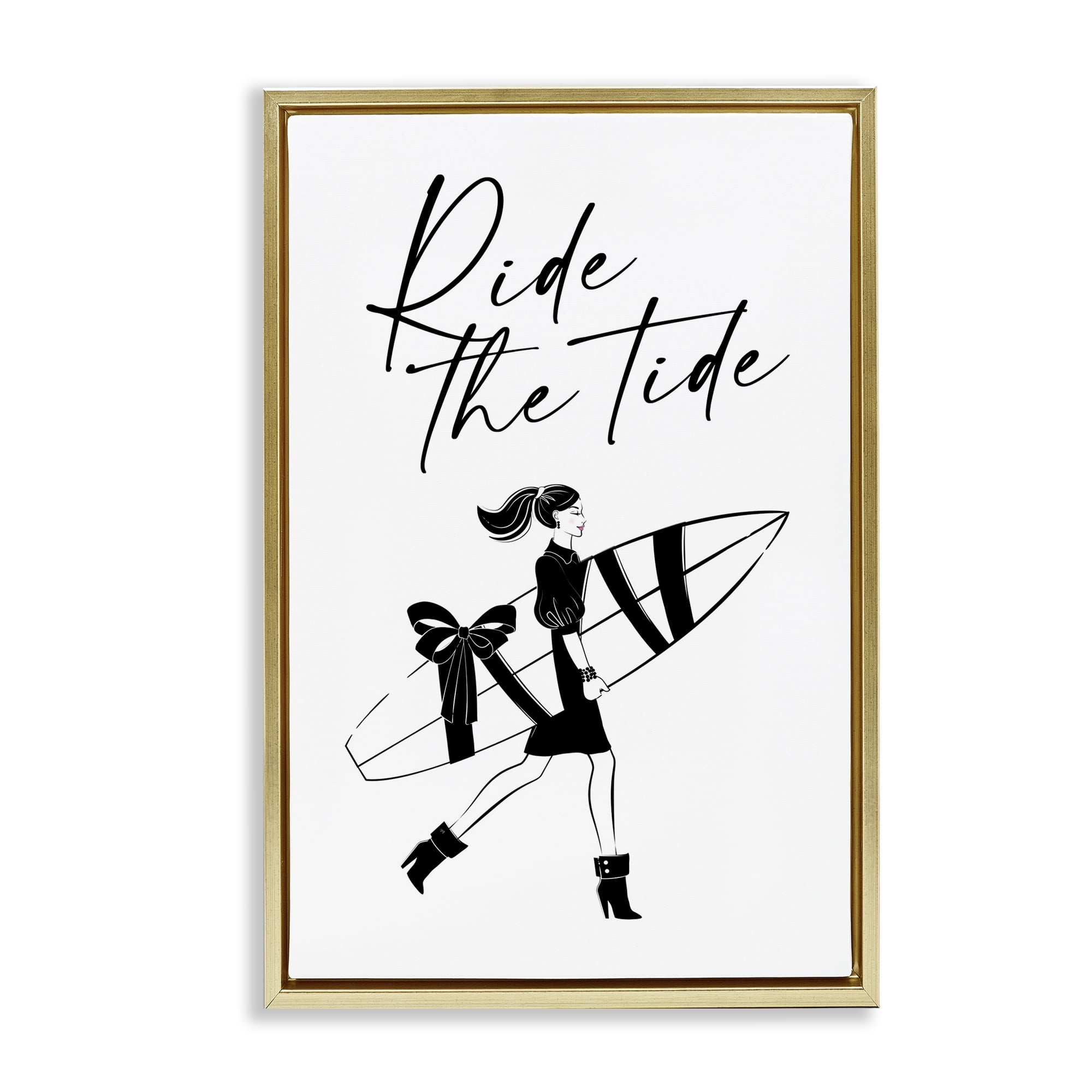 Stupell Industries Ride The Tide Surfer Novelty Painting Gold Floater Framed Art Print Wall Art, 17 x 25