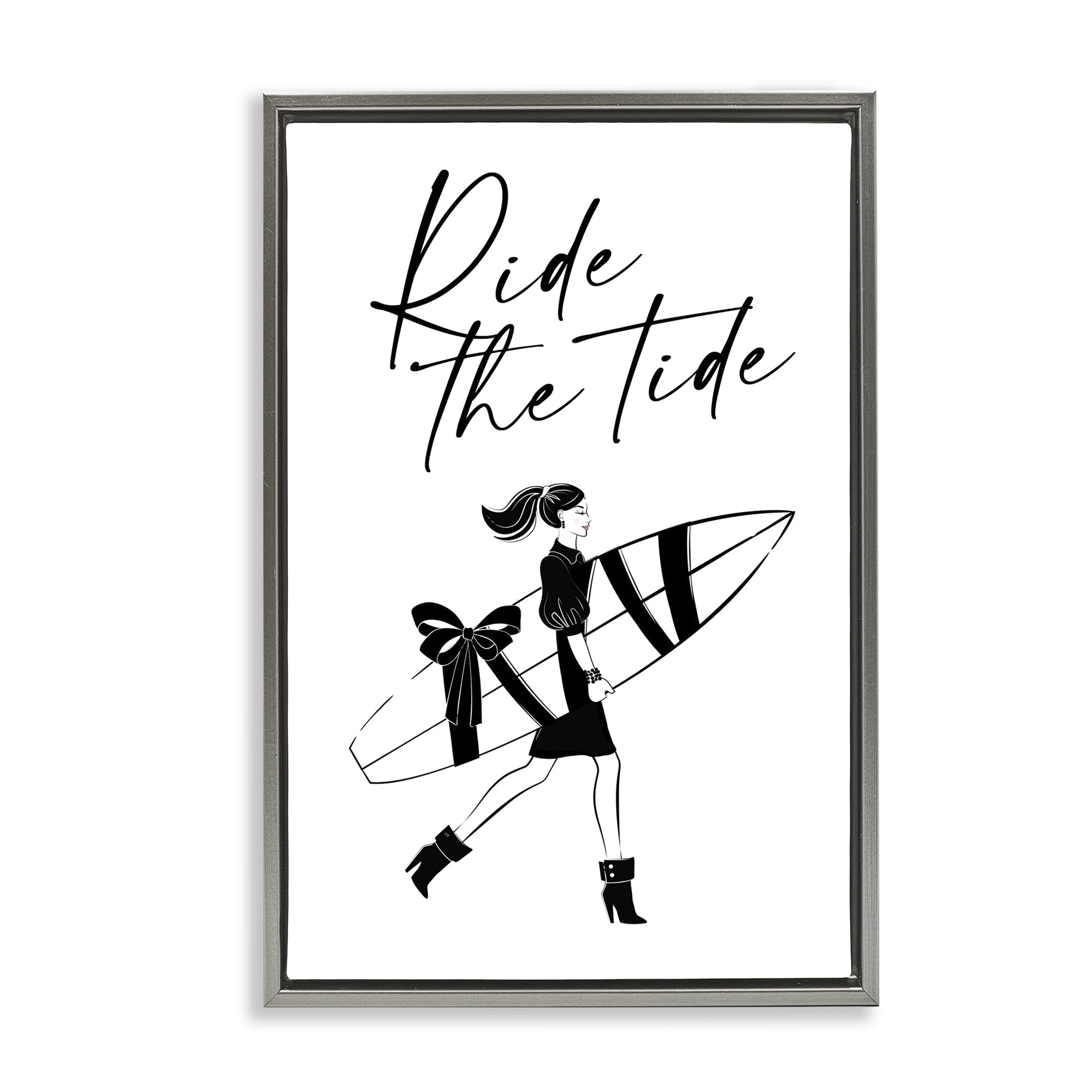 Stupell Industries Ride The Tide Surfer Novelty Painting Gray Floater Framed Art Print Wall Art, 17 x 25