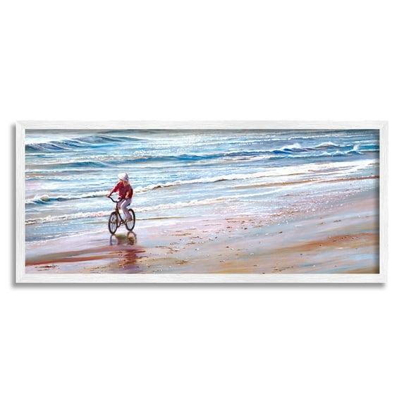 Stupell Industries Riding Bike Along Ocean Shore Beach Waves Painting White Framed Art Print Wall Art, Design by Tom Mielko