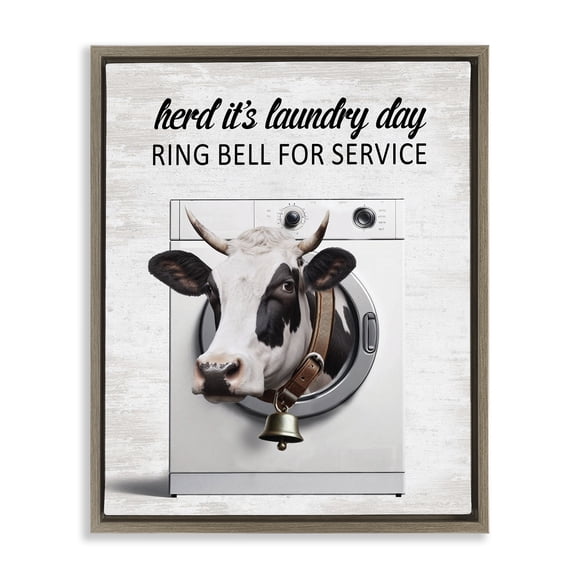 Stupell Industries Ring Bell Laundry Service Cow Quotes and Sayings Painting Brown Floater Framed Canvas Art Print Wall Art, 17 x 21