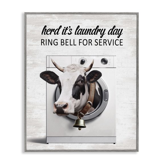 Stupell Industries Ring Bell Laundry Service Cow Quotes and Sayings Painting Gray Framed Art Print Wall Art, 11 x 14