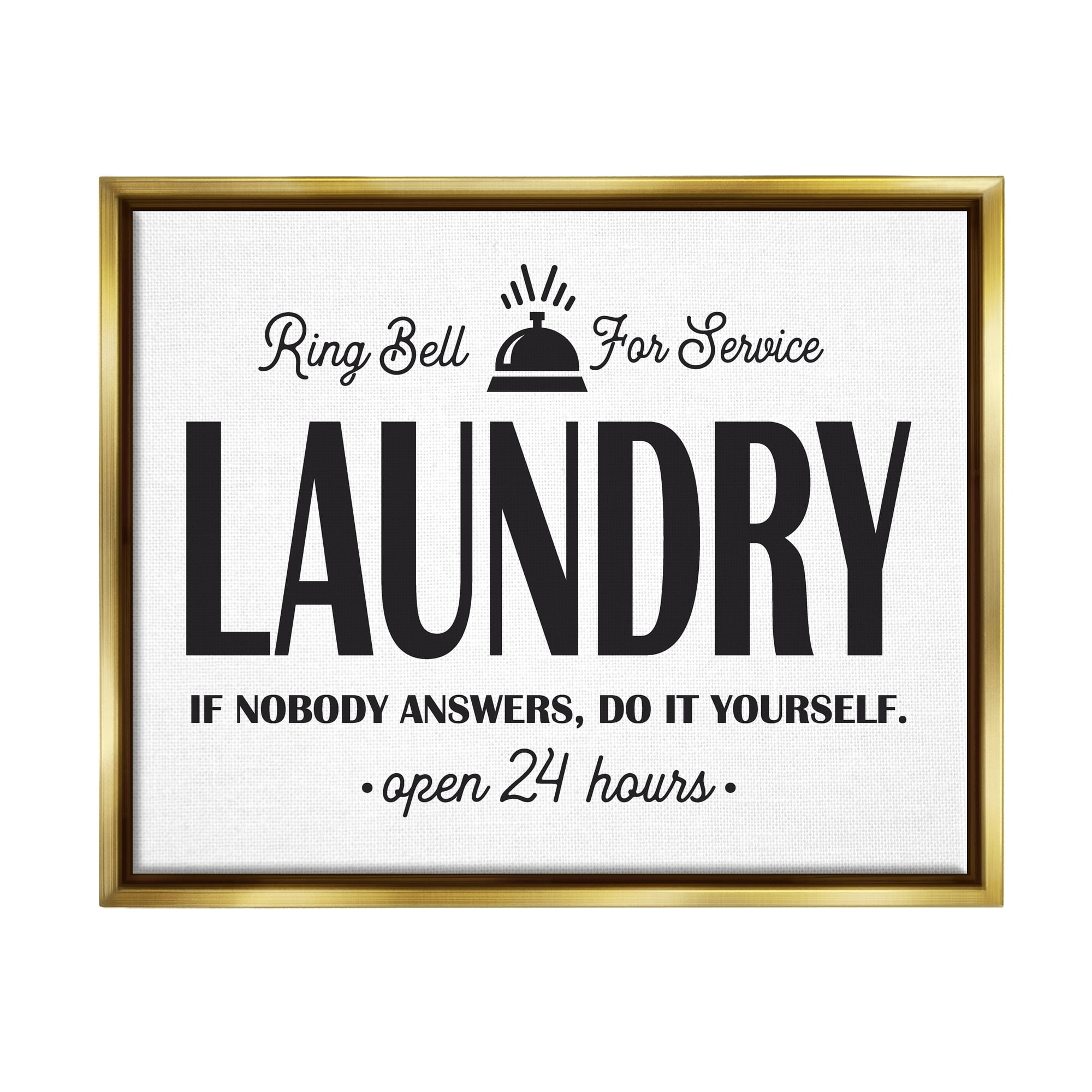 Stupell Industries Ring Bell Laundry Signage Vintage Text Style Graphic Art Metallic Gold Floating Framed Canvas Print Wall Art, Design by Lettered and Lined