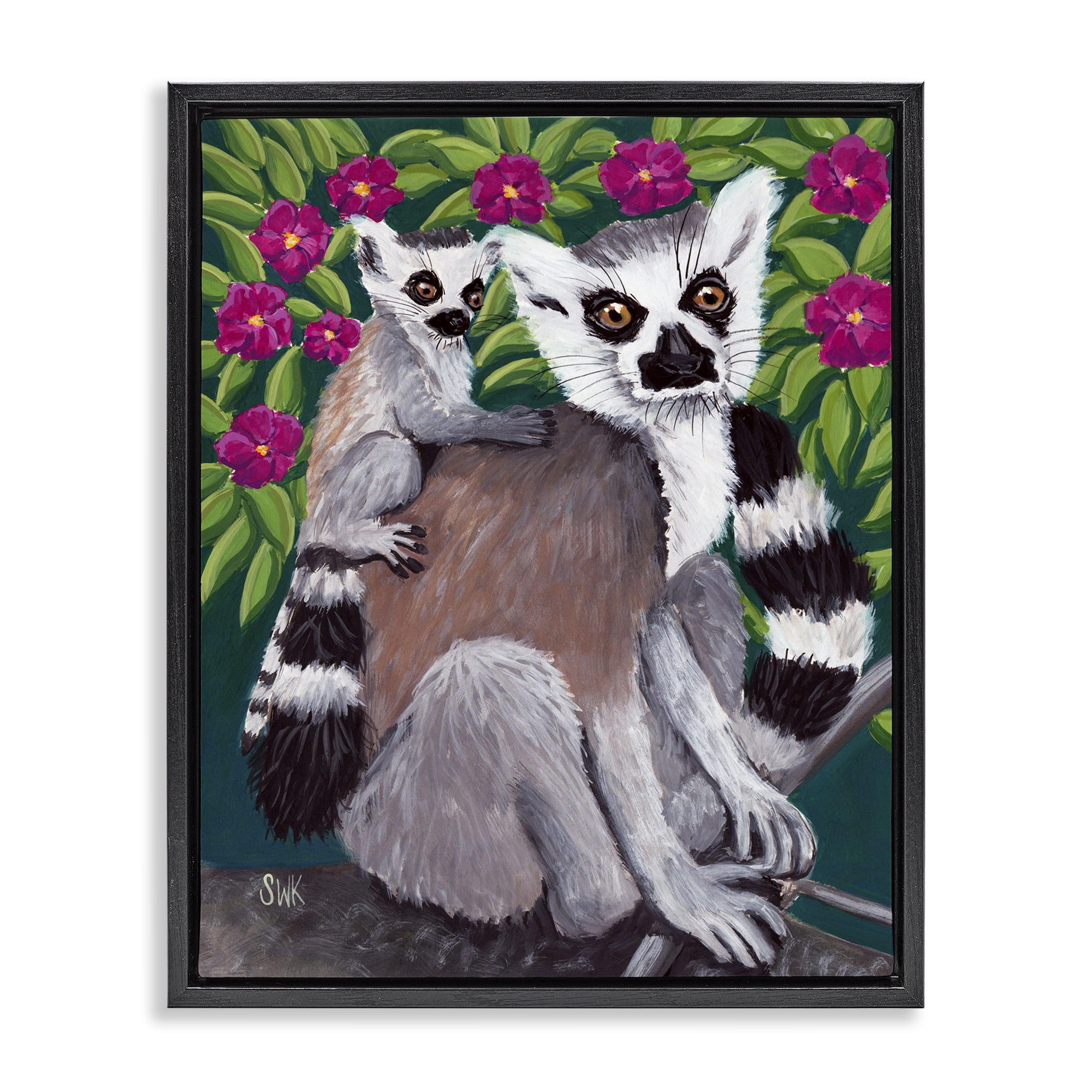 Stupell Industries Ring Tailed Lemur Mama & Baby Black Framed Floater Canvas Wall Art, design by Sarah Waldron Kimball