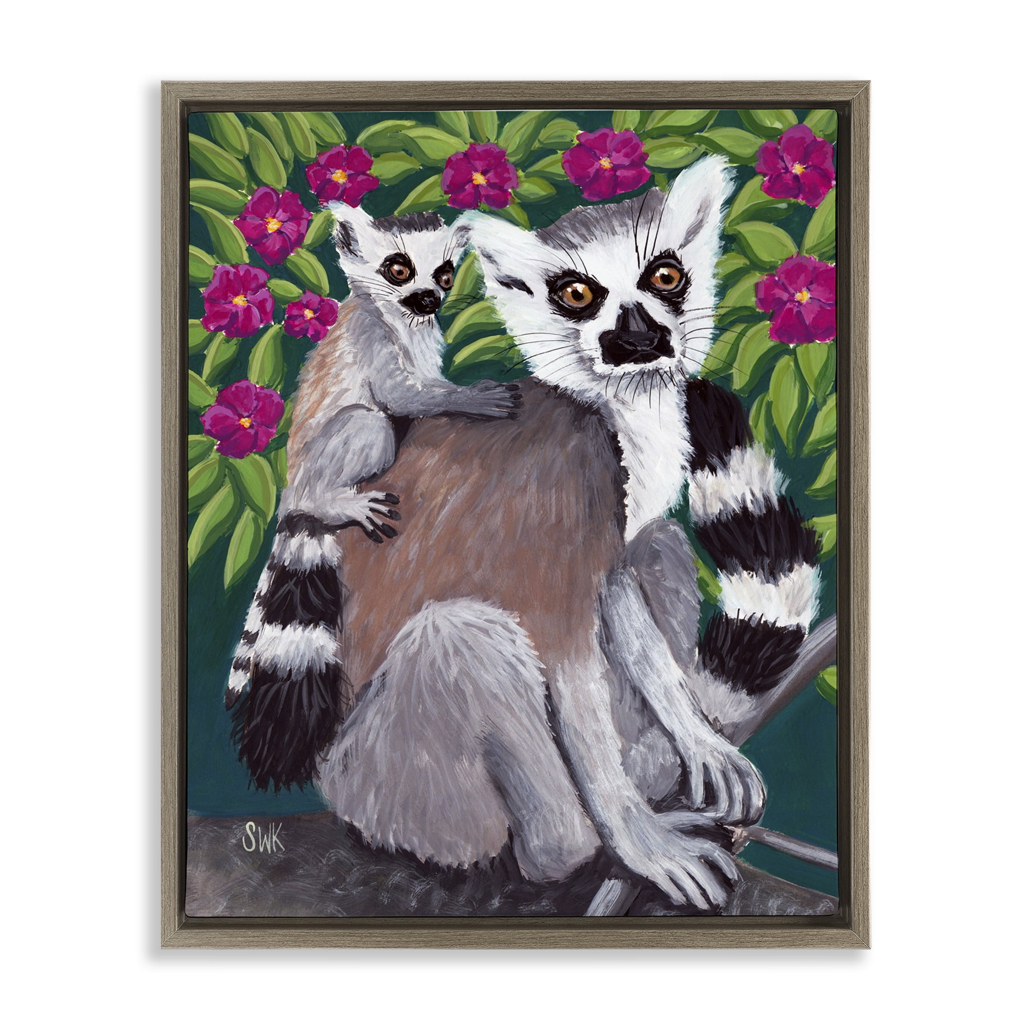 Stupell Industries Ring Tailed Lemur Mama & Baby Brown Framed Floater Canvas Wall Art, design by Sarah Waldron Kimball