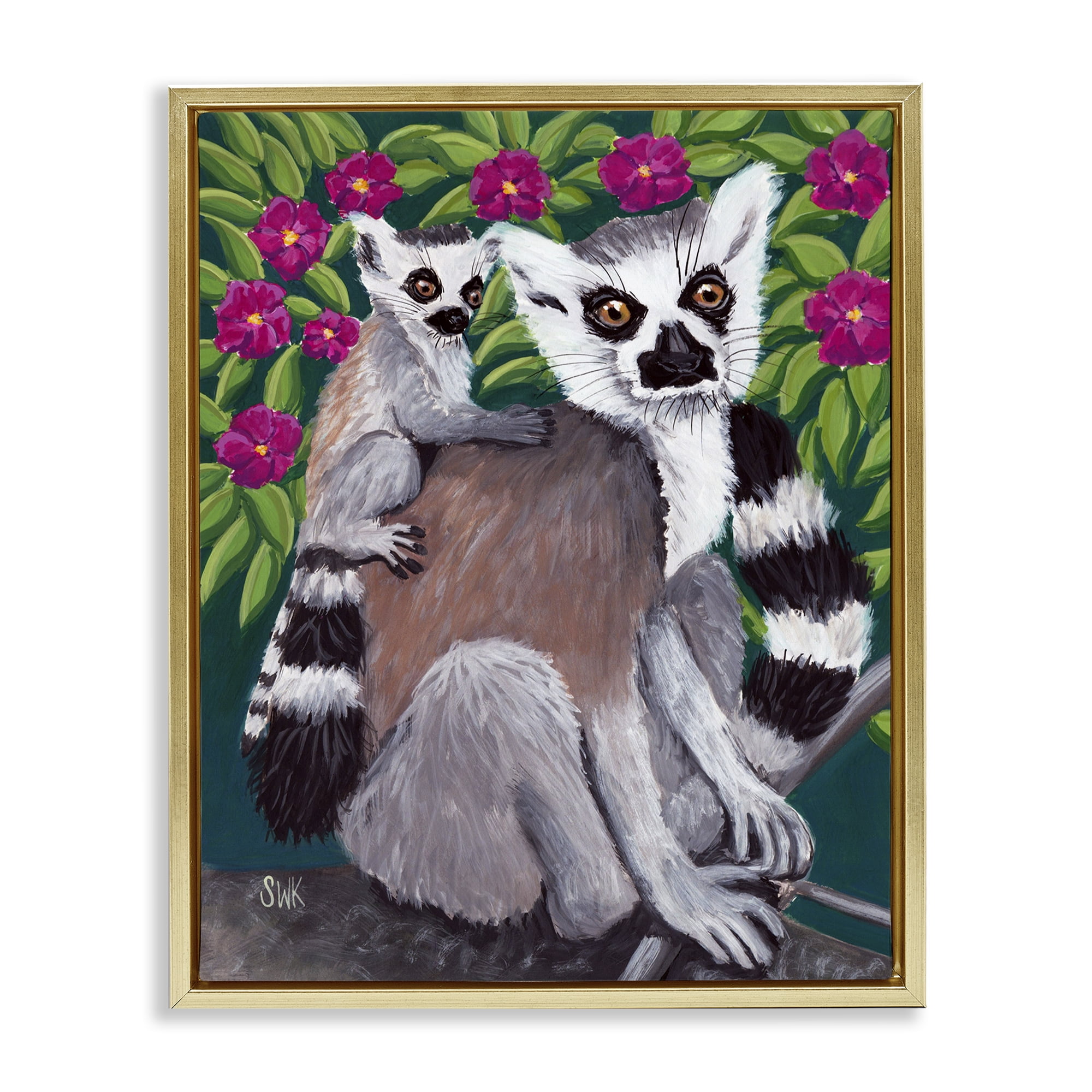 Stupell Industries Ring Tailed Lemur Mama & Baby Gold Framed Floater Canvas Wall Art, design by Sarah Waldron Kimball