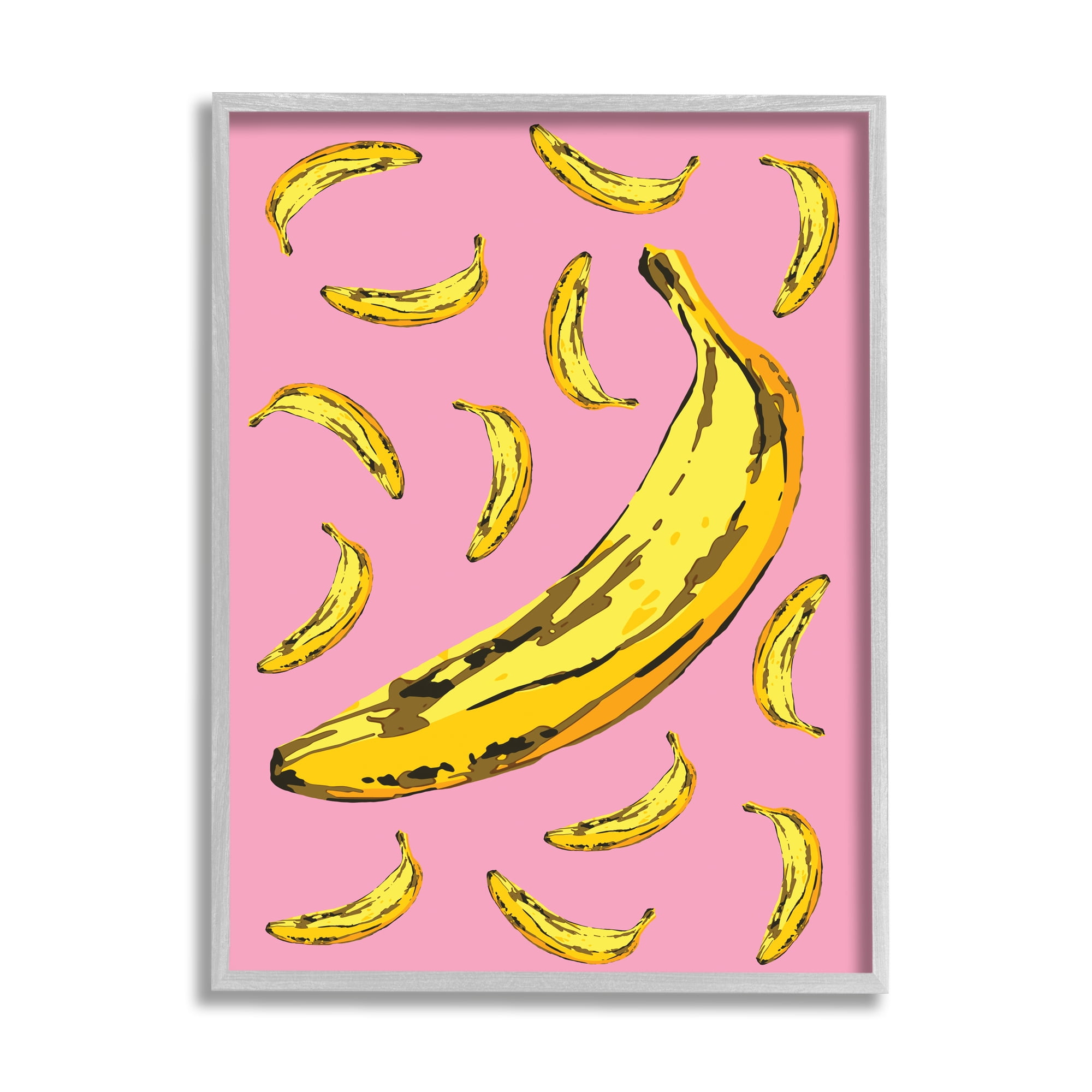 Stupell Industries Ripe Bananas Whimsical Tropical Fruits Yellow Pink Food & Beverage Painting Gray Framed Art Print Wall Art, 11 x 14