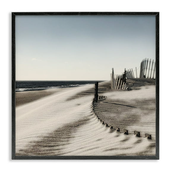 Stupell Industries Rippled Beach Fence Landscape Painting Black Framed Art Print Wall Art, 12 x 12