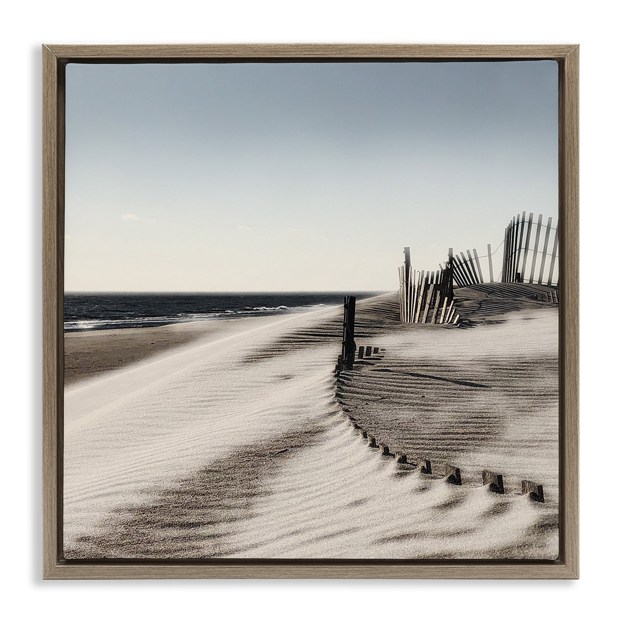 Stupell Industries Rippled Beach Fence Landscape Painting Brown Floater Framed Canvas Art Print Wall Art, 25 x 25