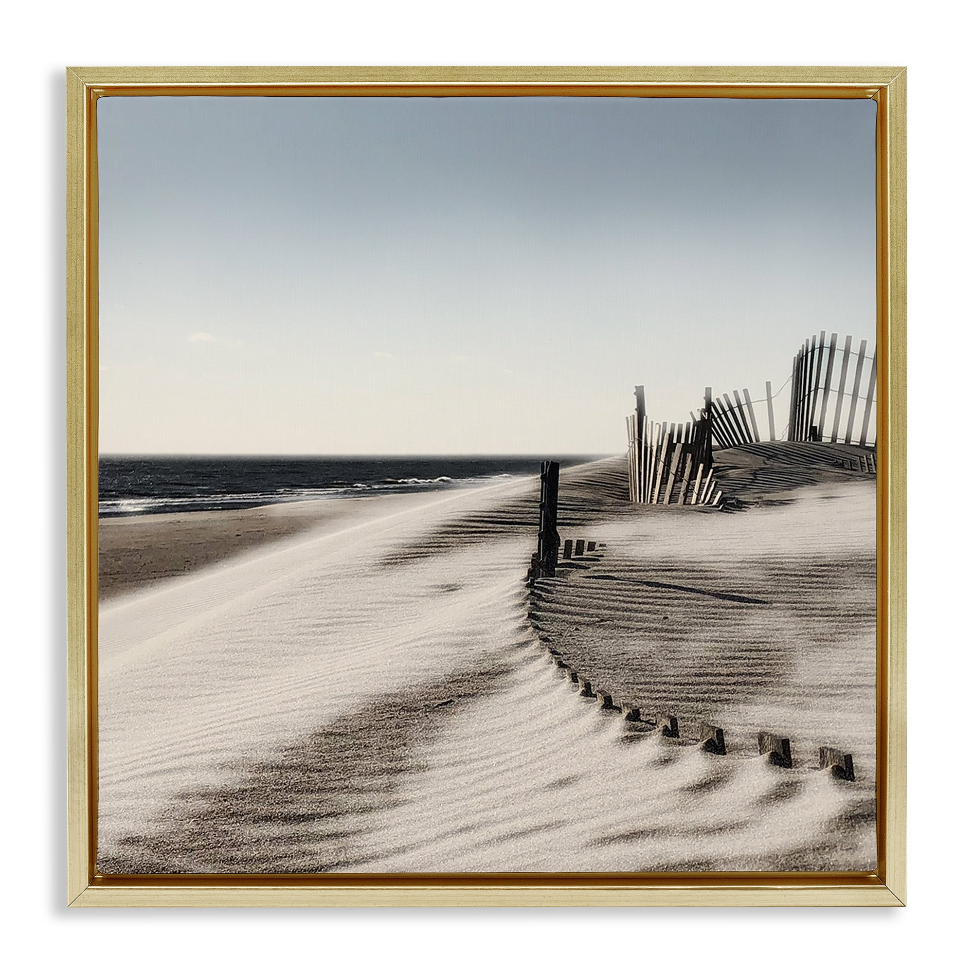 Stupell Industries Rippled Beach Fence Landscape Painting Gold Floater Framed Canvas Art Print Wall Art, 18 x 18