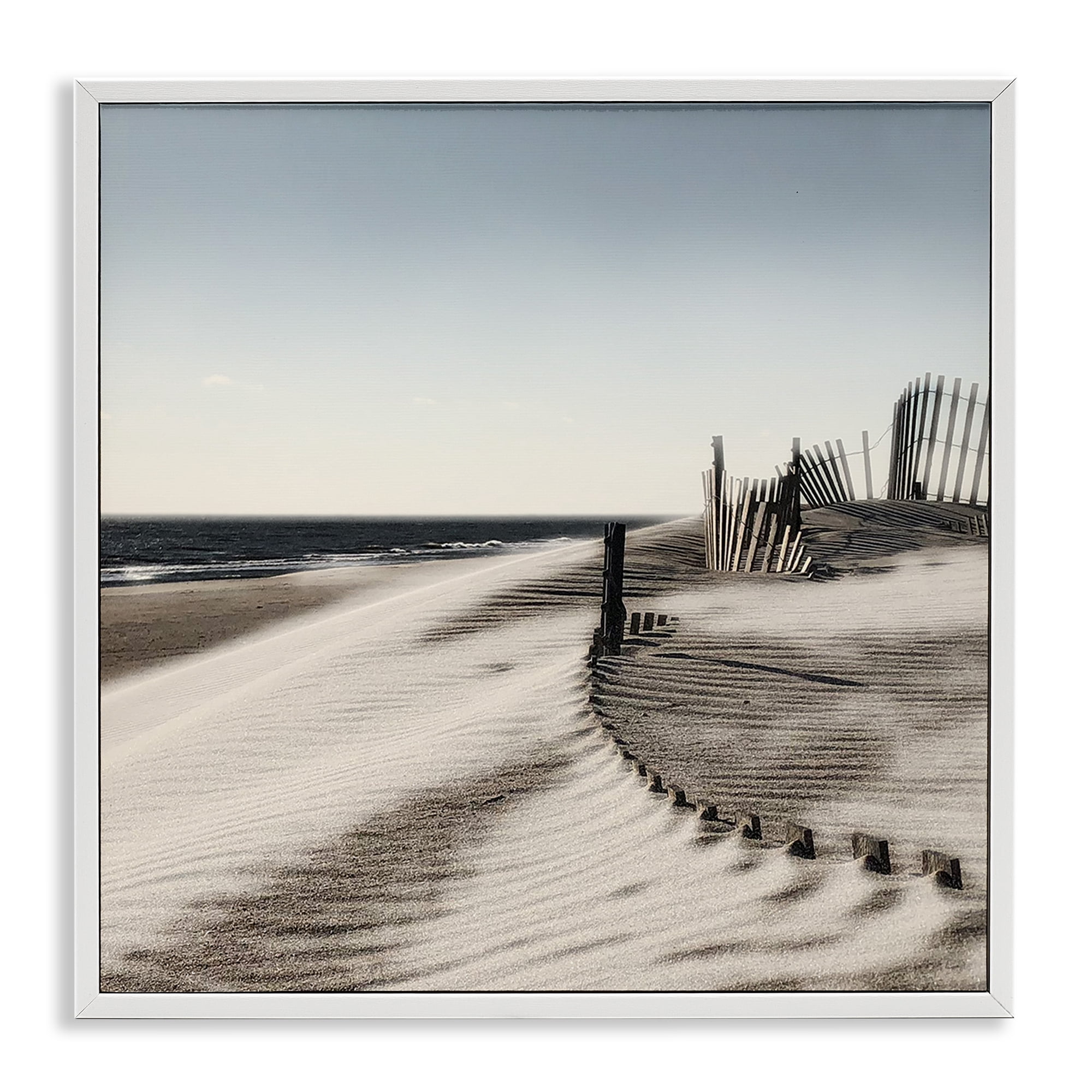 Stupell Industries Rippled Beach Fence Landscape Painting White Framed Art Print Wall Art, 17 x 17