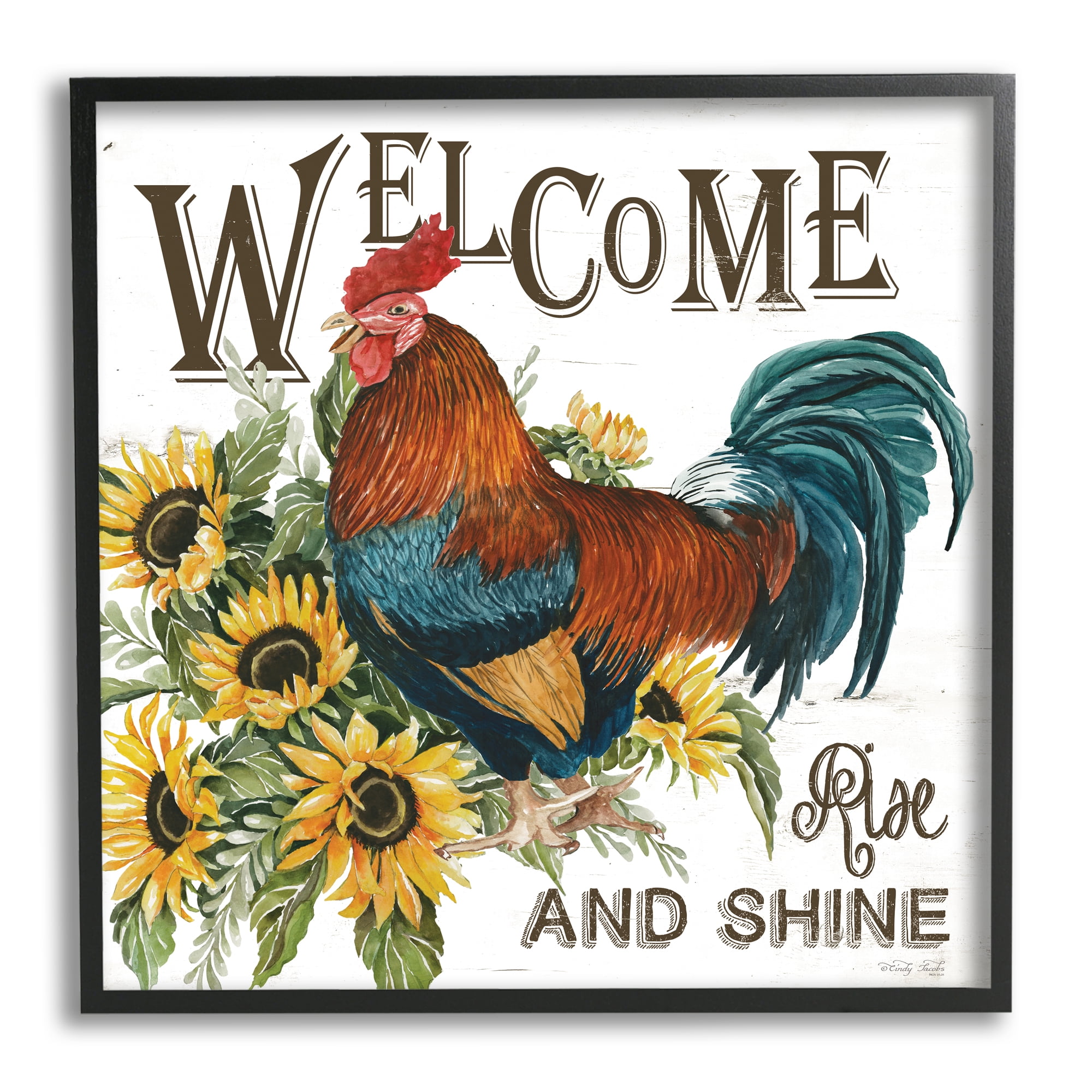 Stupell Industries Rise & Shine Rooster Botanical & Floral Painting Black Framed Art Print Wall Art, 24 x 24
