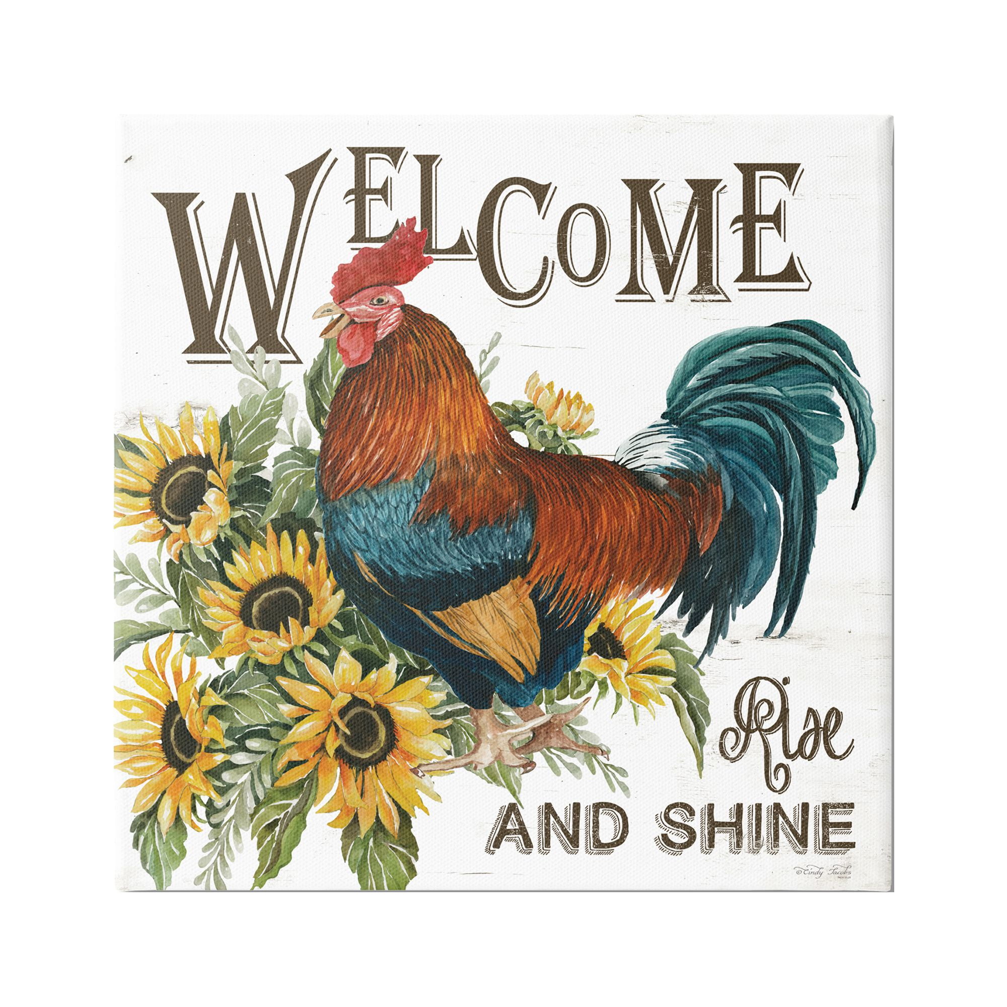 Stupell Industries Rise & Shine Rooster Botanical & Floral Painting Gallery Wrapped Canvas Print Wall Art, 24 x 24
