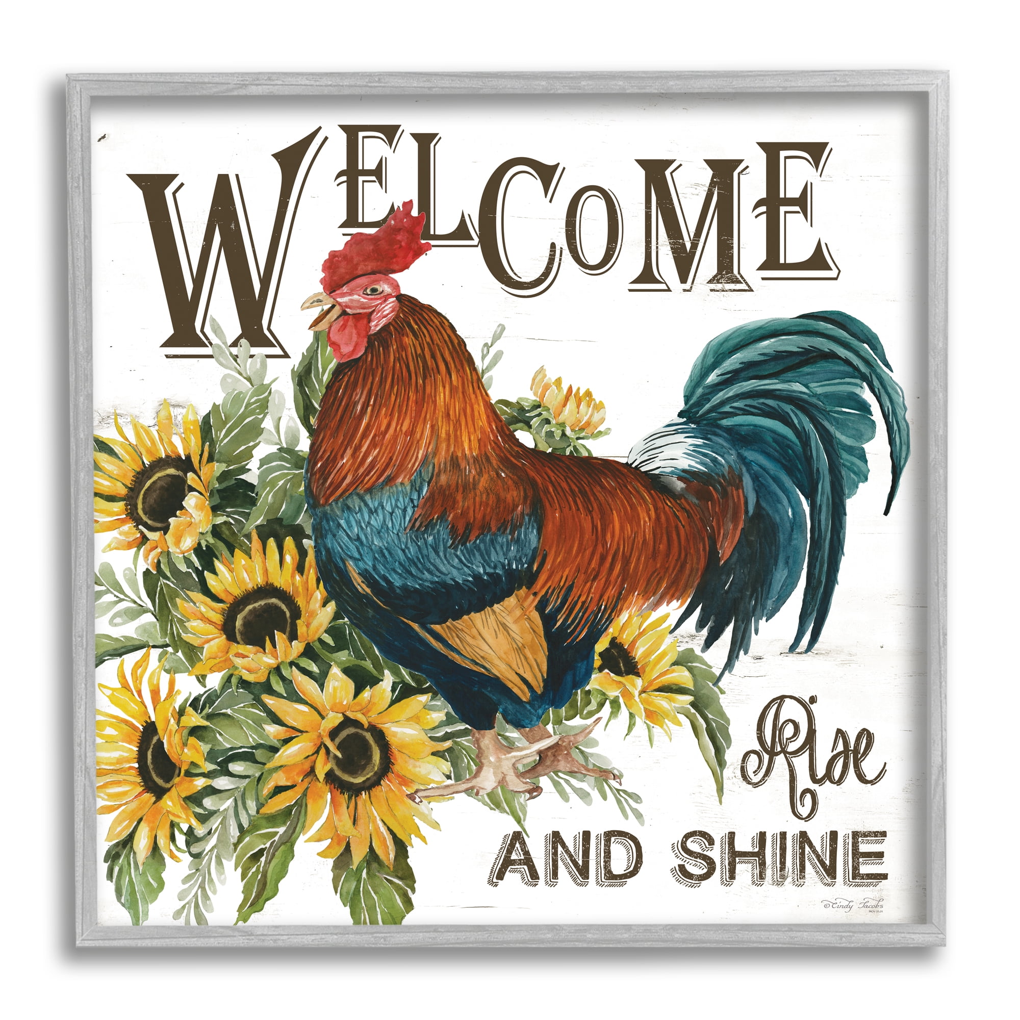 Stupell Industries Rise & Shine Rooster Botanical & Floral Painting Gray Framed Art Print Wall Art, 24 x 24