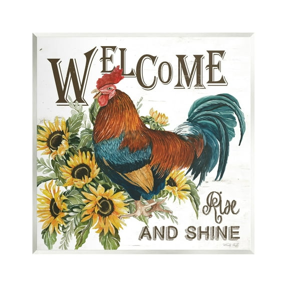 Stupell Industries Rise & Shine Rooster Botanical & Floral Painting Unframed Art Print Wall Art, 12 x 12