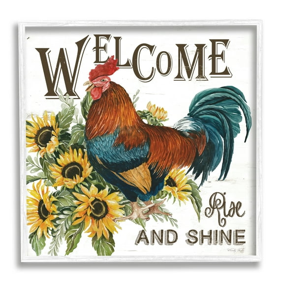 Stupell Industries Rise & Shine Rooster Botanical & Floral Painting White Framed Art Print Wall Art, 17 x 17