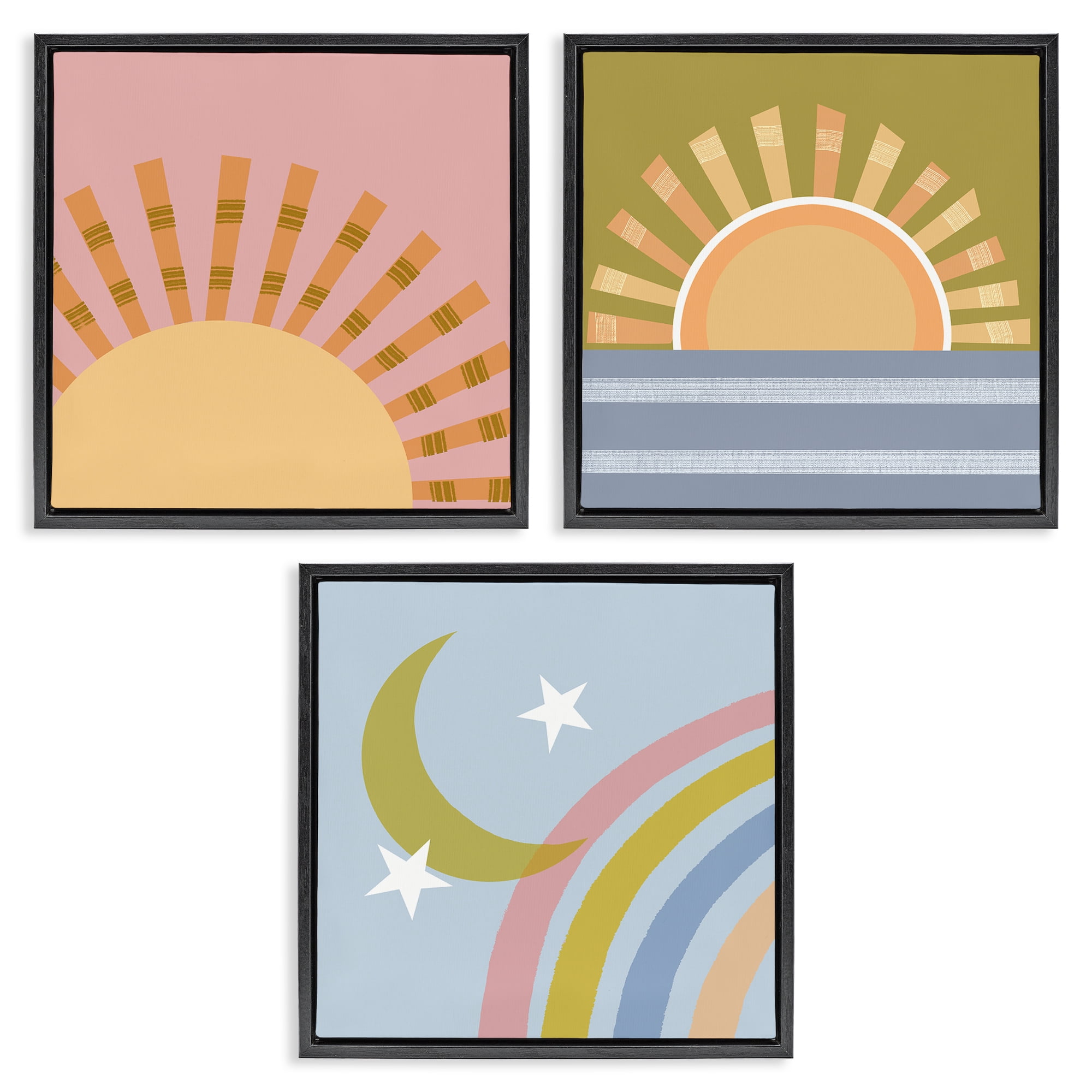 Stupell Industries Rising Sun & Moon Landscape & Nature Painting Black Floater Framed Canvas Art Print Wall Art, 18 x 18, Set of 3